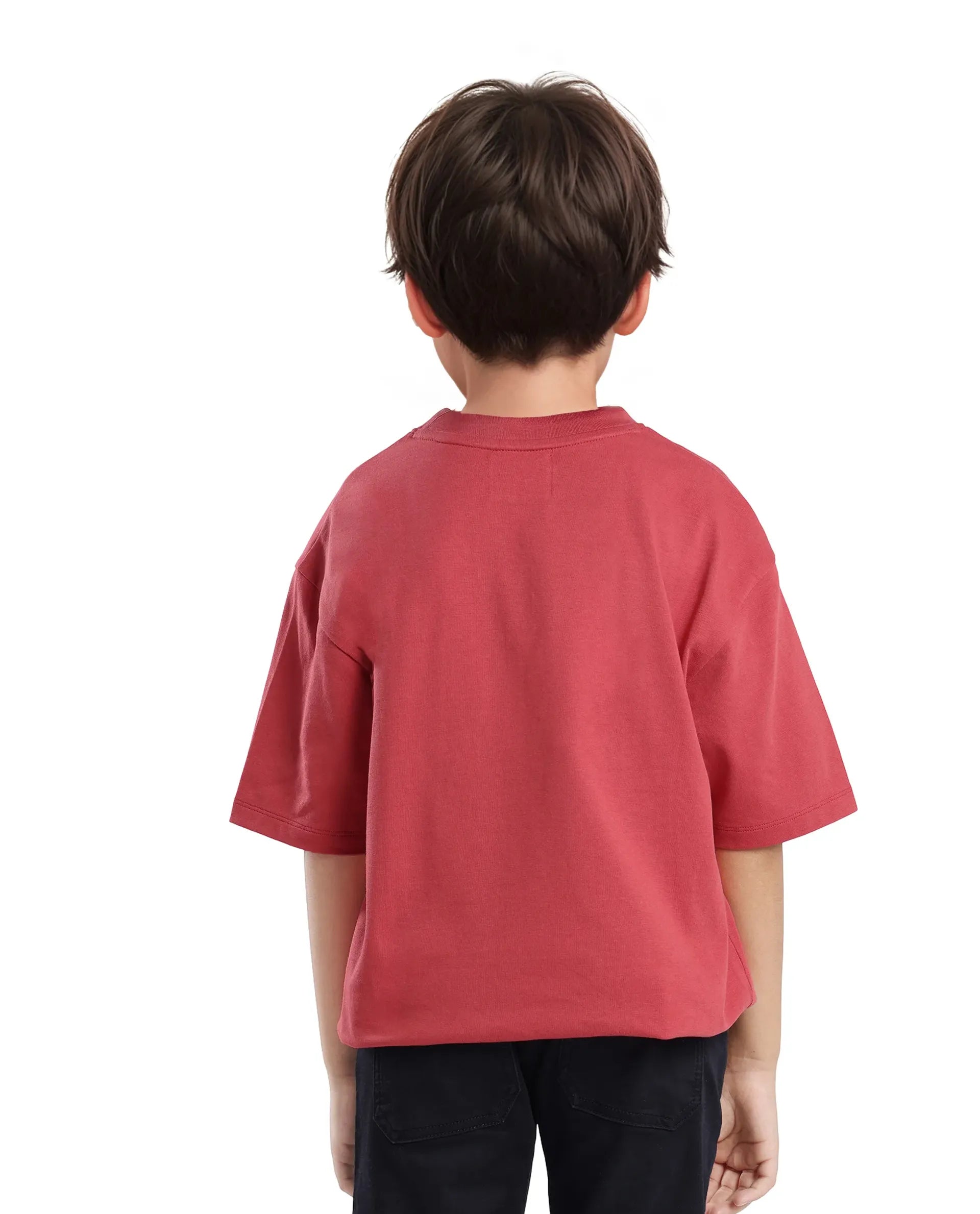 Rare Ones Kids Max Dusky Red Cotton Printed Slip-On Oversized Fit T-Shirt