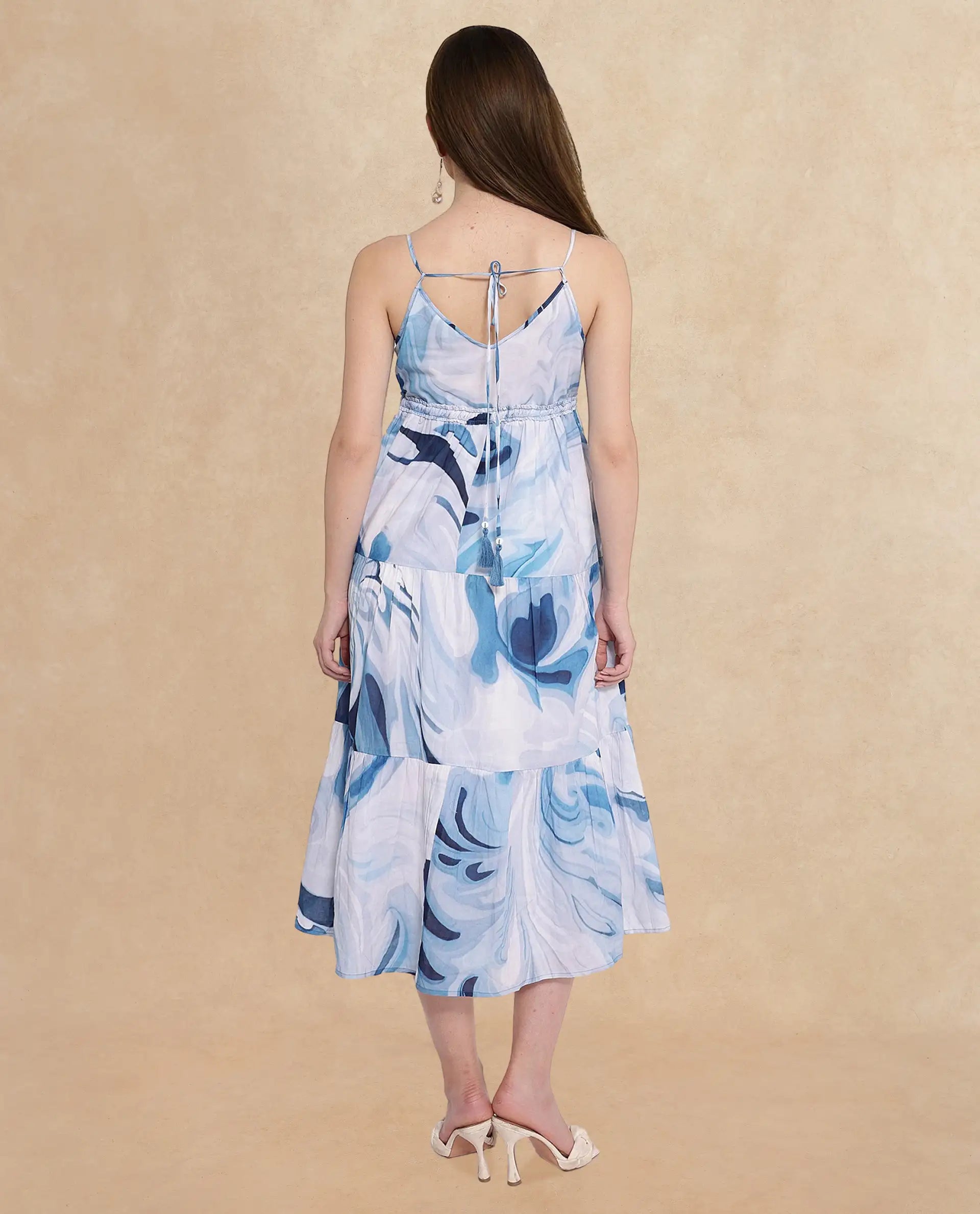 Rareism Women's Maxicalli Blue Tie-Up Closure Shoulder Straps Abstract Fit And Flare Midi Dress