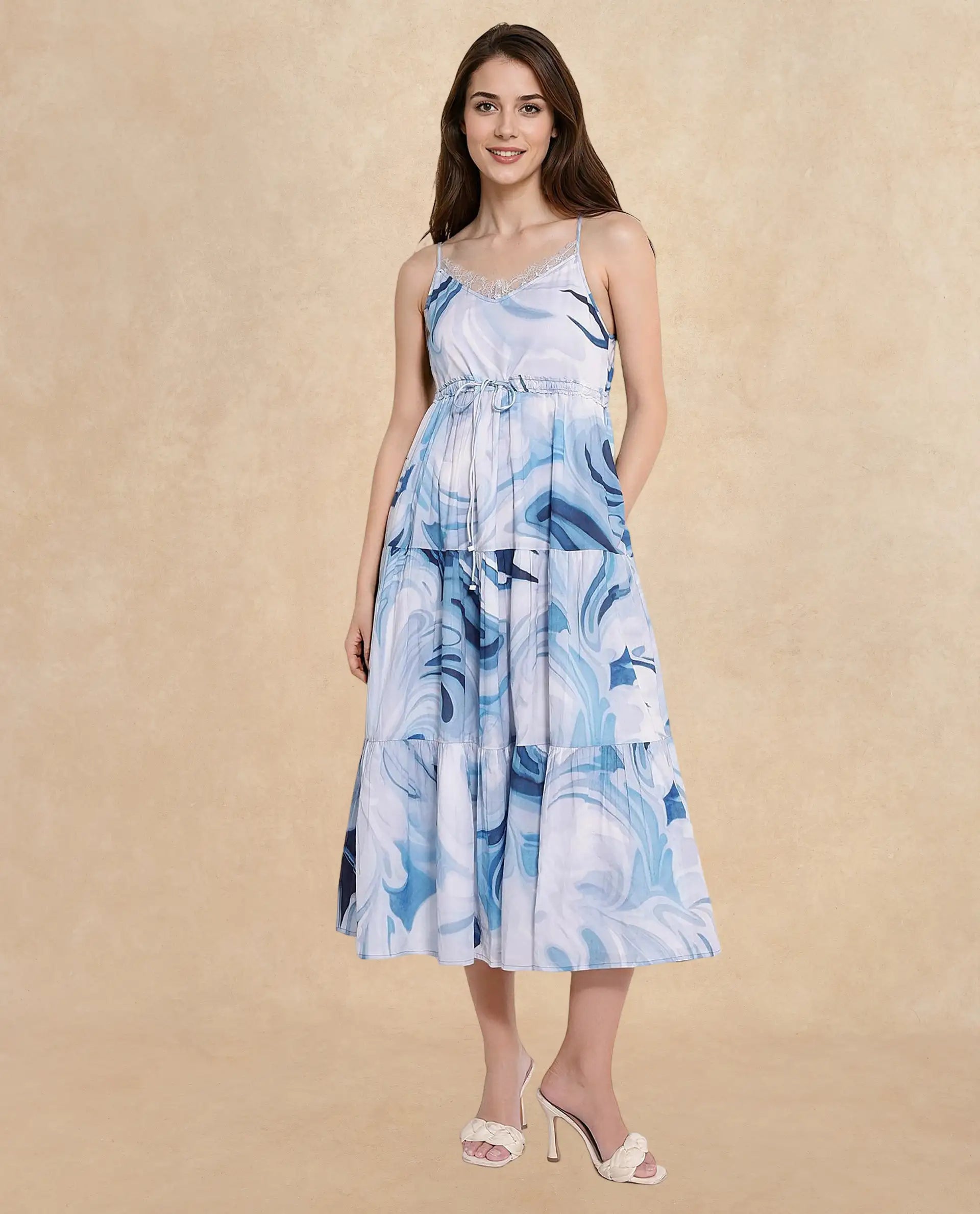 Rareism Women's Maxicalli Blue Tie-Up Closure Shoulder Straps Abstract Fit And Flare Midi Dress