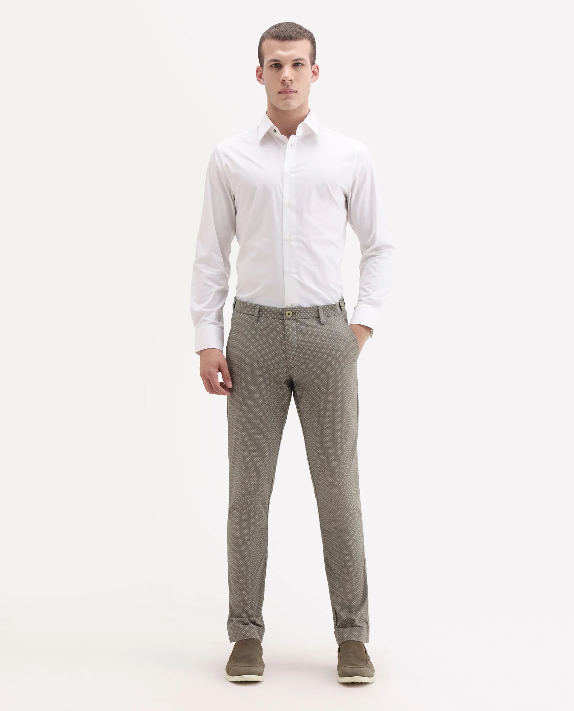 Rare Rabbit Men's Maxim Beige Cotton Polka Print Slim Fit Trouser