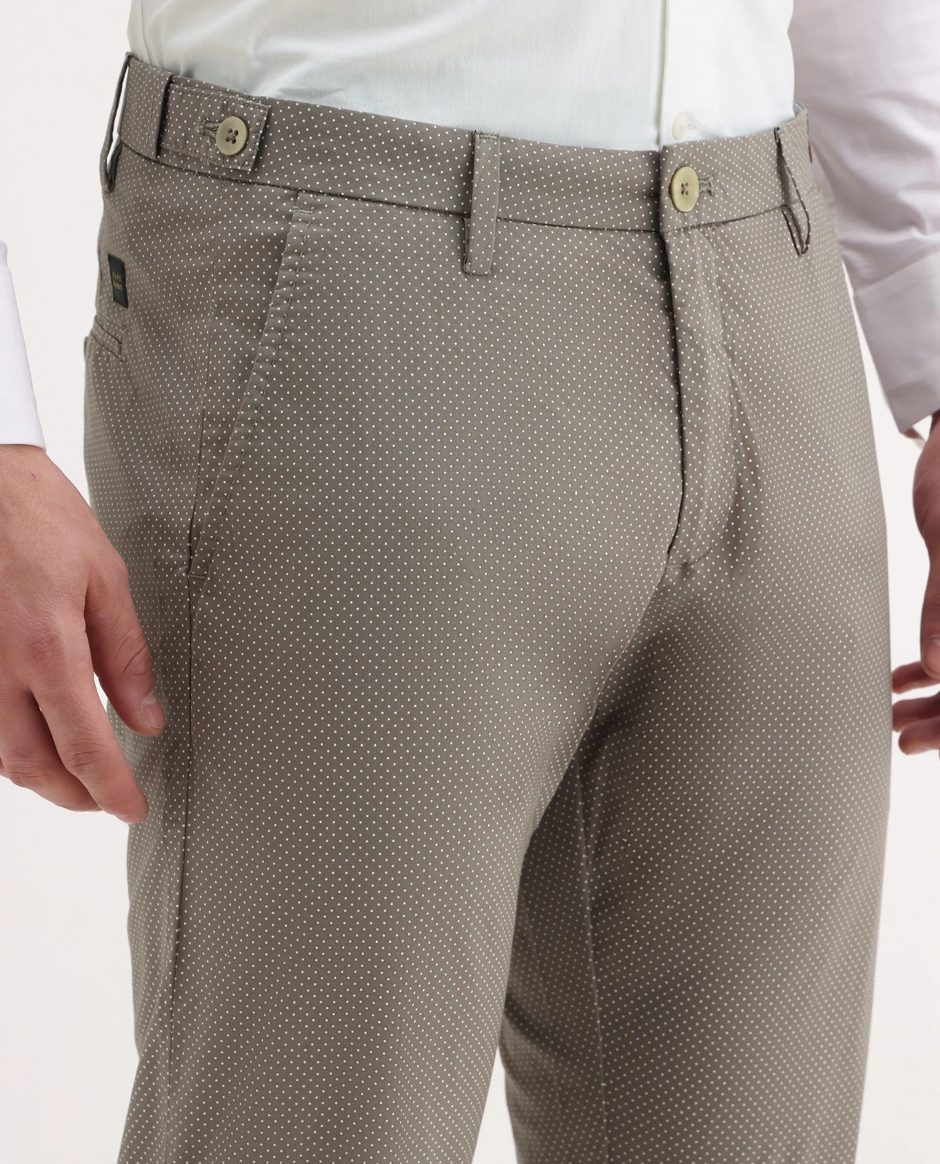 Rare Rabbit Men's Maxim Beige Cotton Polka Print Slim Fit Trouser