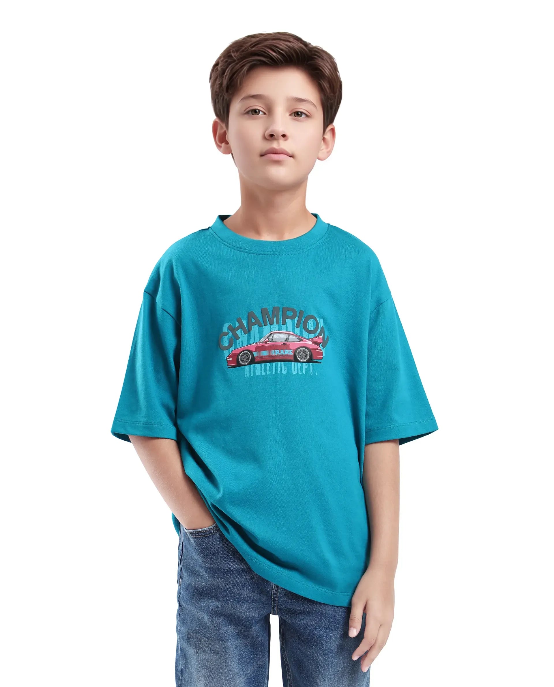 Rare Ones Kids Max Turq Cotton Graphic Print Slip-On Oversized Fit T-Shirt