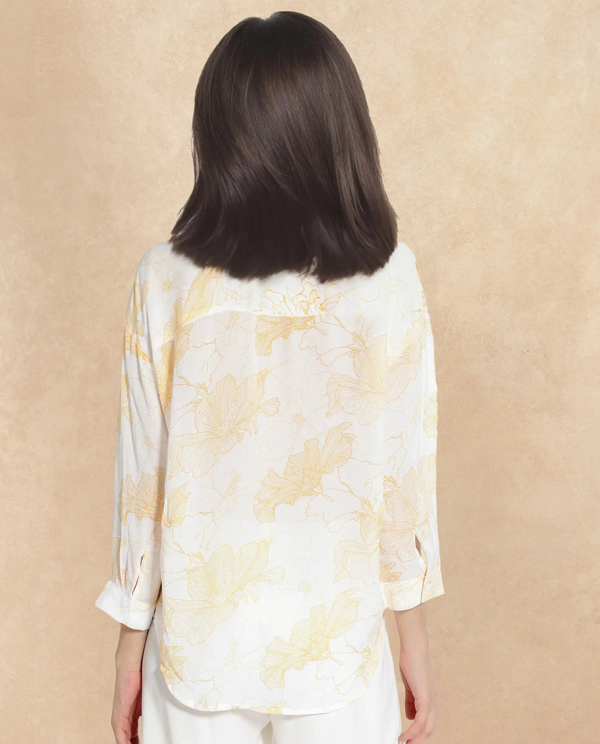 Rareism Women Mayton Light Yellow Button Closure Cuffed Sleeve Mandarin Collar Relaxed Fit Floral Print Shirt