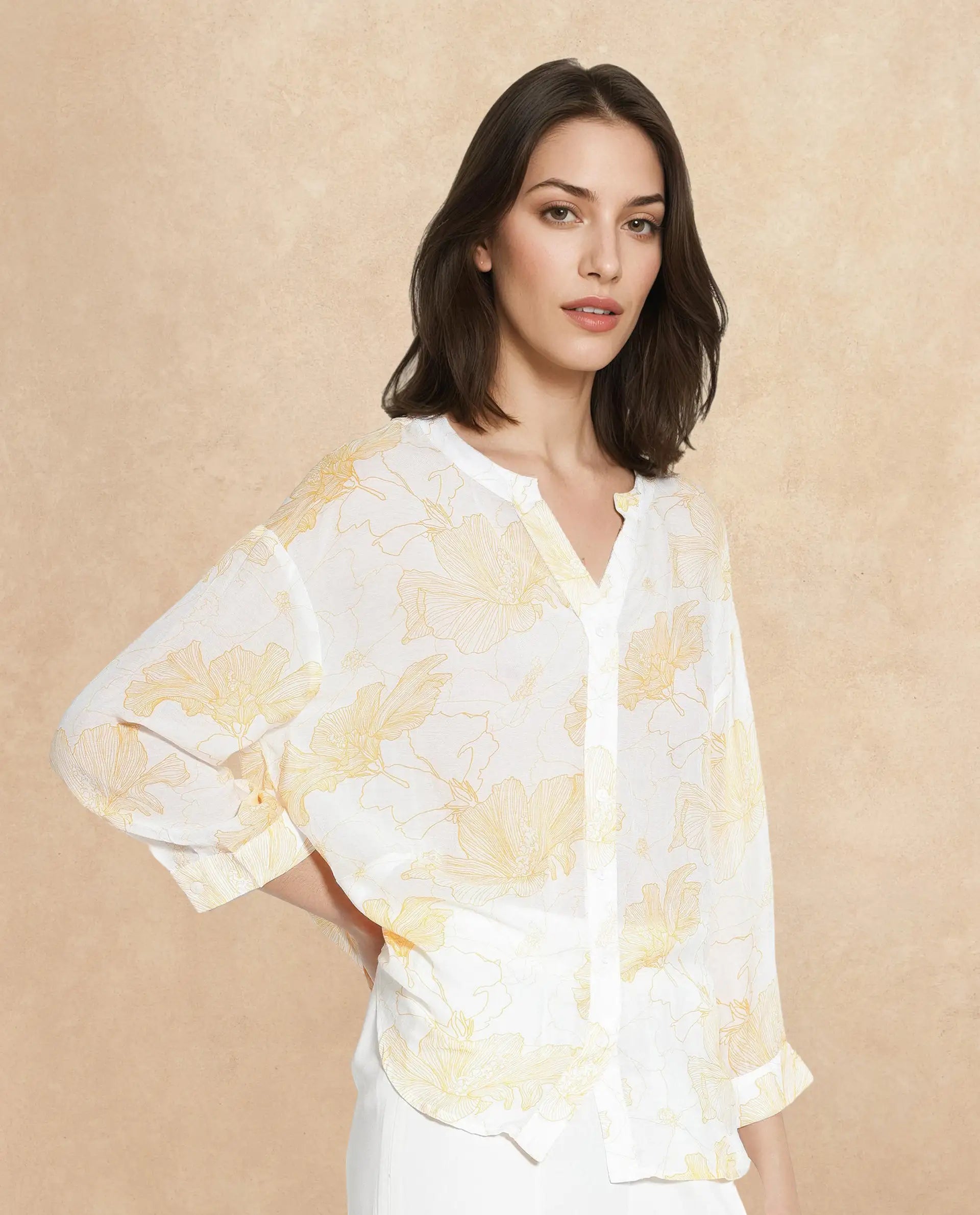 Rareism Women Mayton Light Yellow Button Closure Cuffed Sleeve Mandarin Collar Relaxed Fit Floral Print Shirt