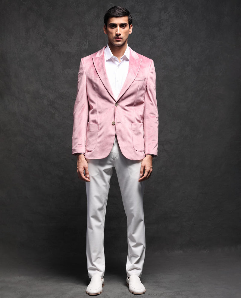Rare Rabbit Men's Mazey Pink Polyester Fabric Peak Lapel Single Breasted Tailored Fit Velvet Blazer