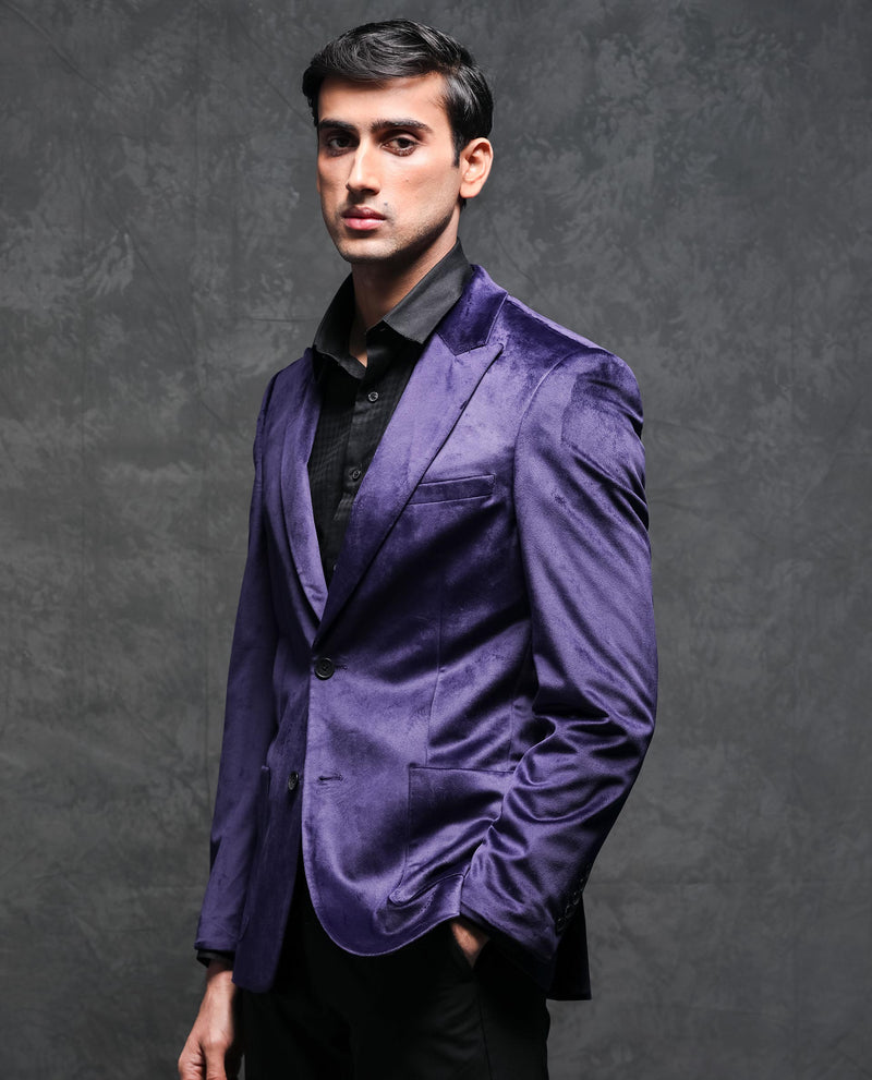 Rare Rabbit Men's Mazey Purple Polyester Fabric Peak Lapel Single Breasted Tailored Fit Velvet Blazer