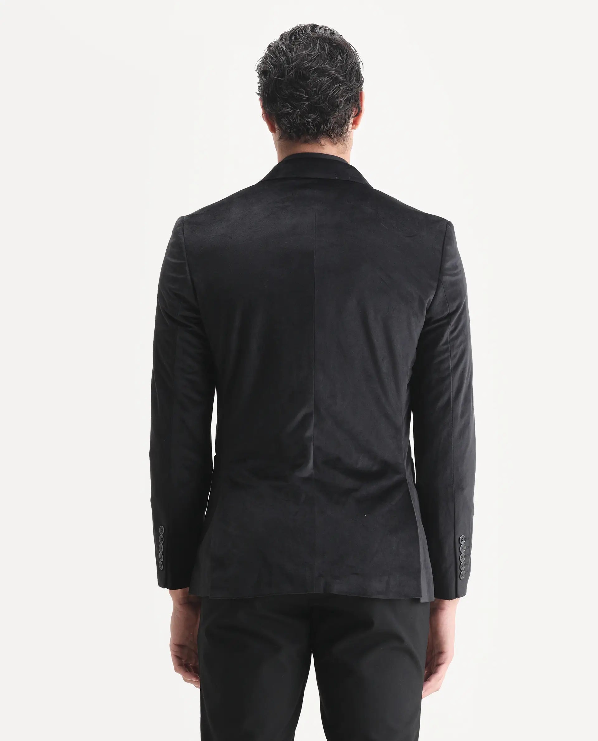 Rare Rabbit Men's Mazey Black Velvet Plain Tailored Fit Full Sleeve Lapel Neck Blazer