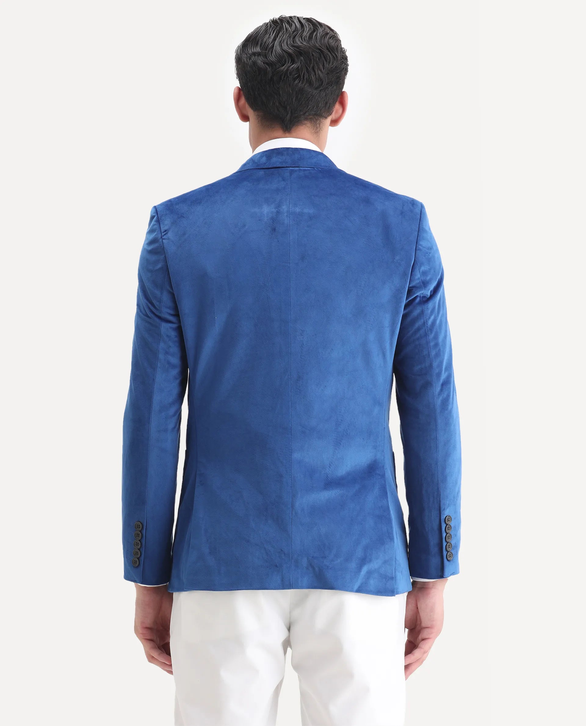 Rare Rabbit Men's Mazey Blue Velvet Plain Tailored Fit Full Sleeve Lapel Neck Blazer