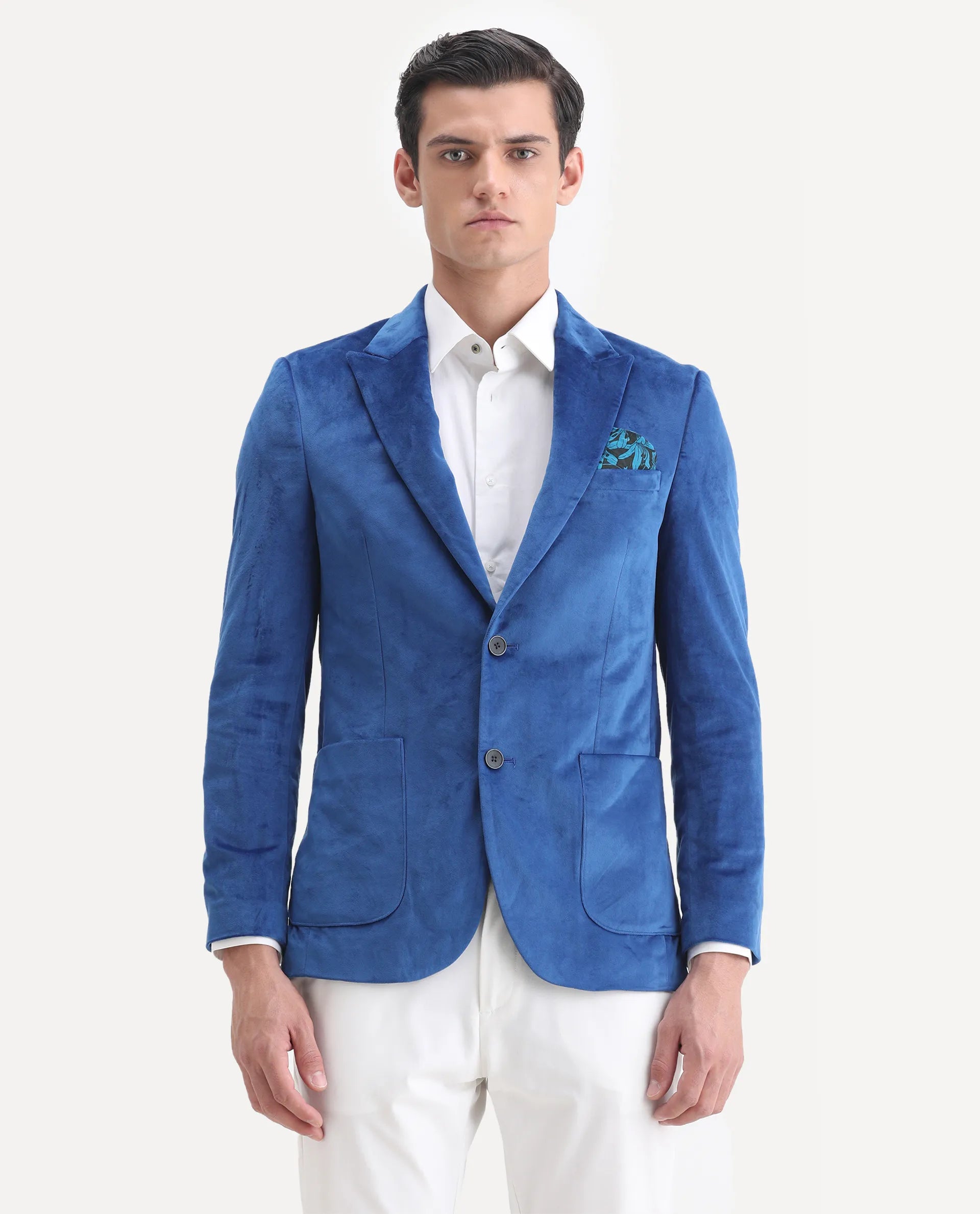 Rare Rabbit Men's Mazey Blue Velvet Plain Tailored Fit Full Sleeve Lapel Neck Blazer