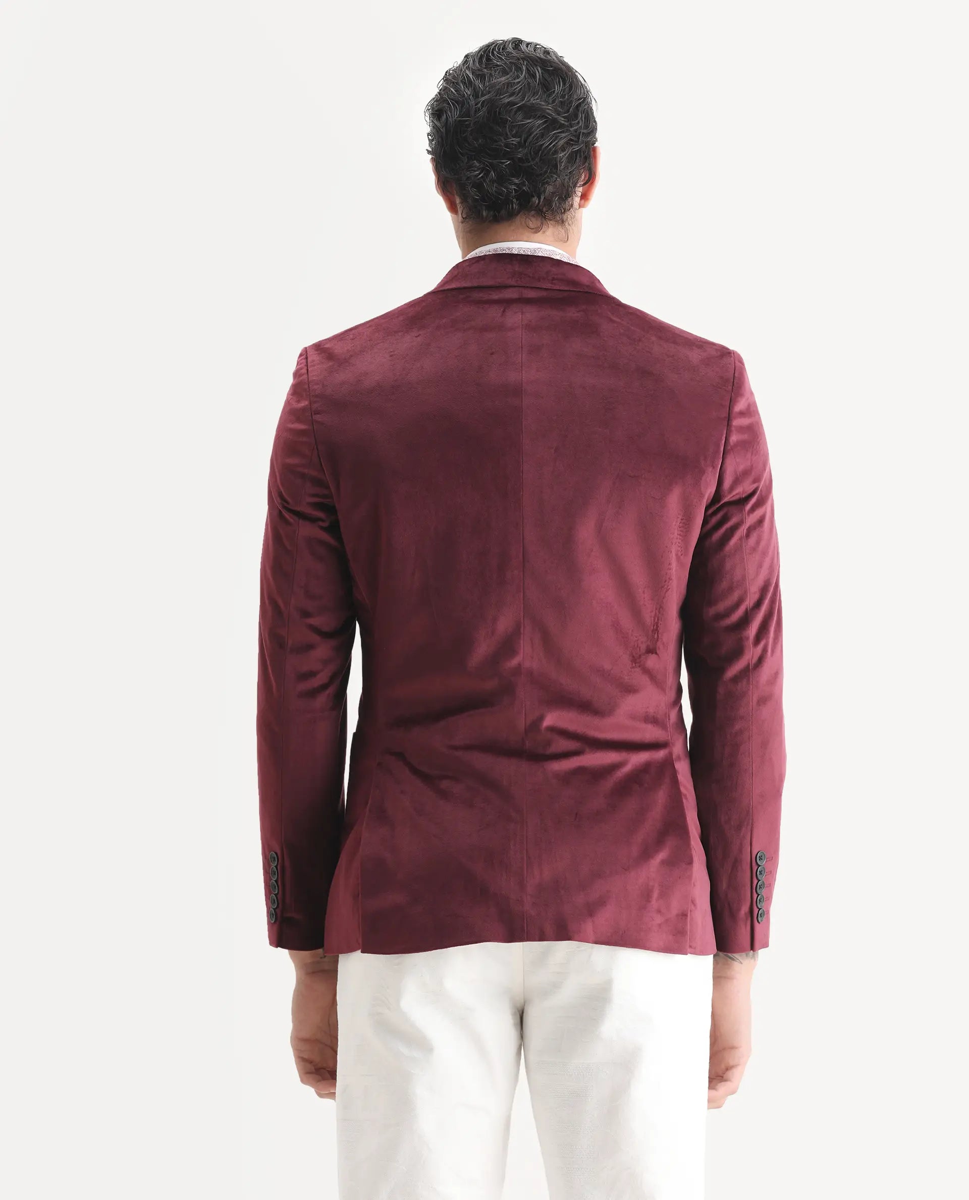 Rare Rabbit Men's Mazey Maroon Velvet Plain Tailored Fit Full Sleeve Lapel Neck Blazer
