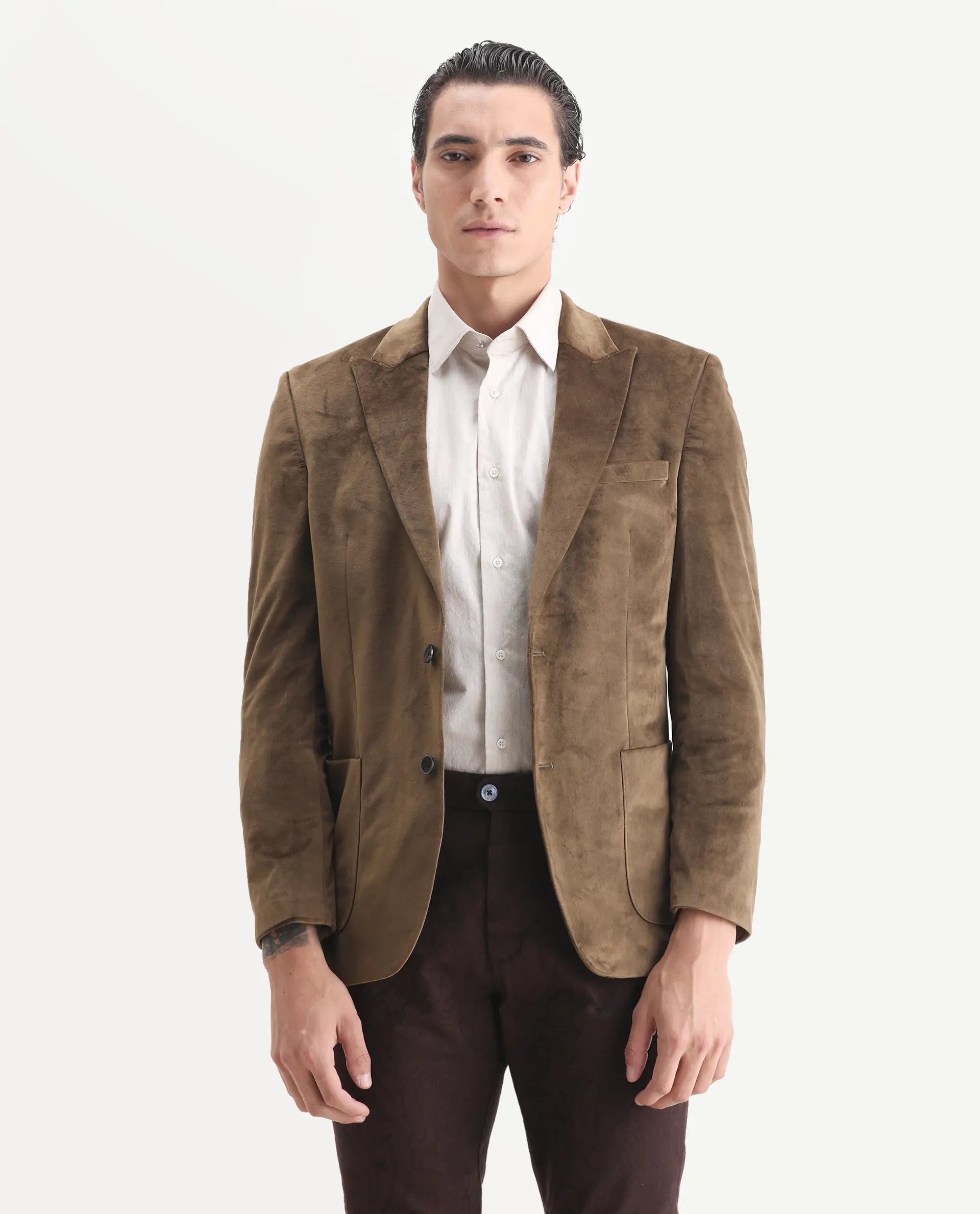 Rare Rabbit Men's Mazey Olive Plain Tailored Fit Full Sleeve Lapel Neck Blazer