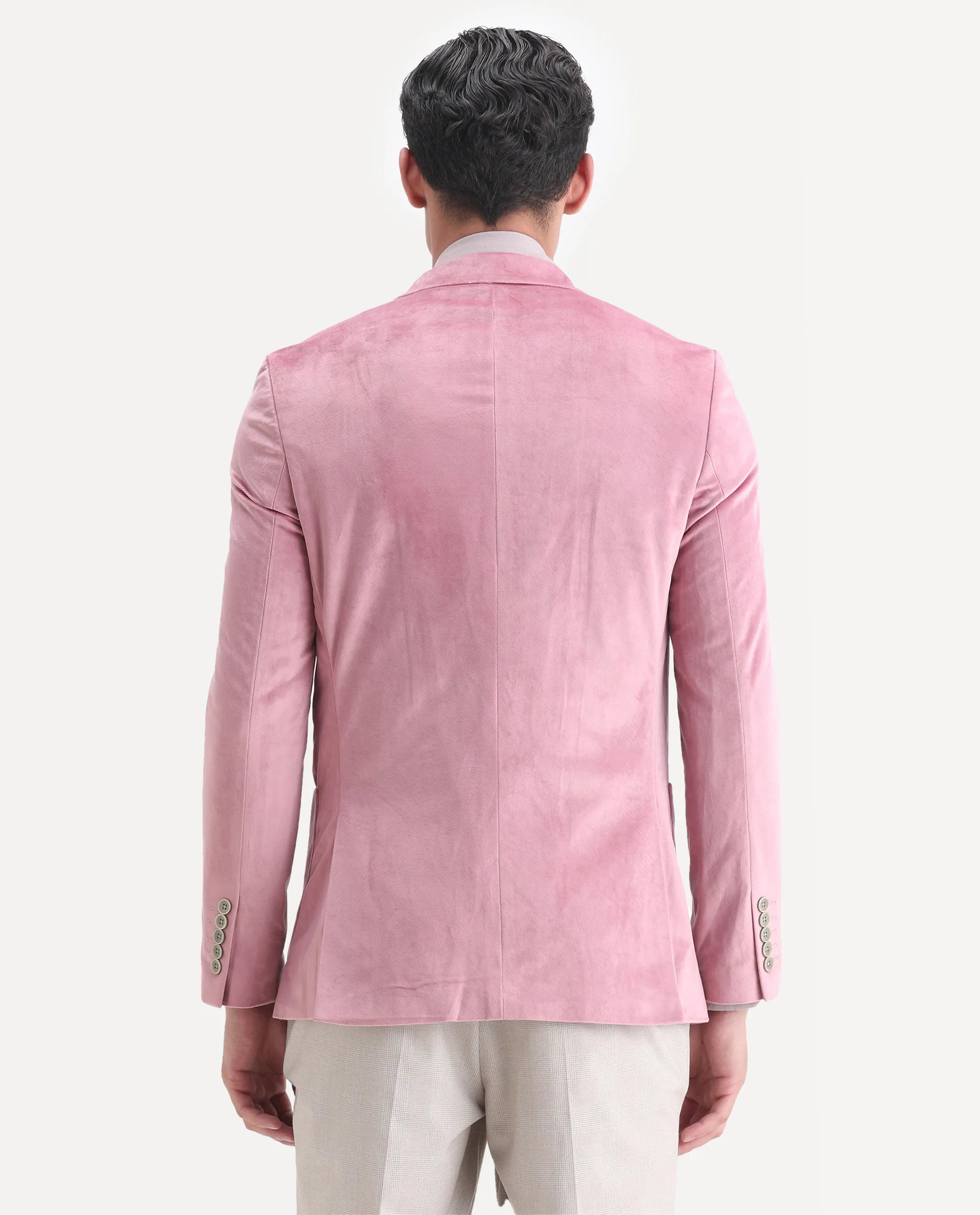 Rare Rabbit Men's Mazey Pink Velvet Plain Tailored Fit Full Sleeve Lapel Neck Blazer