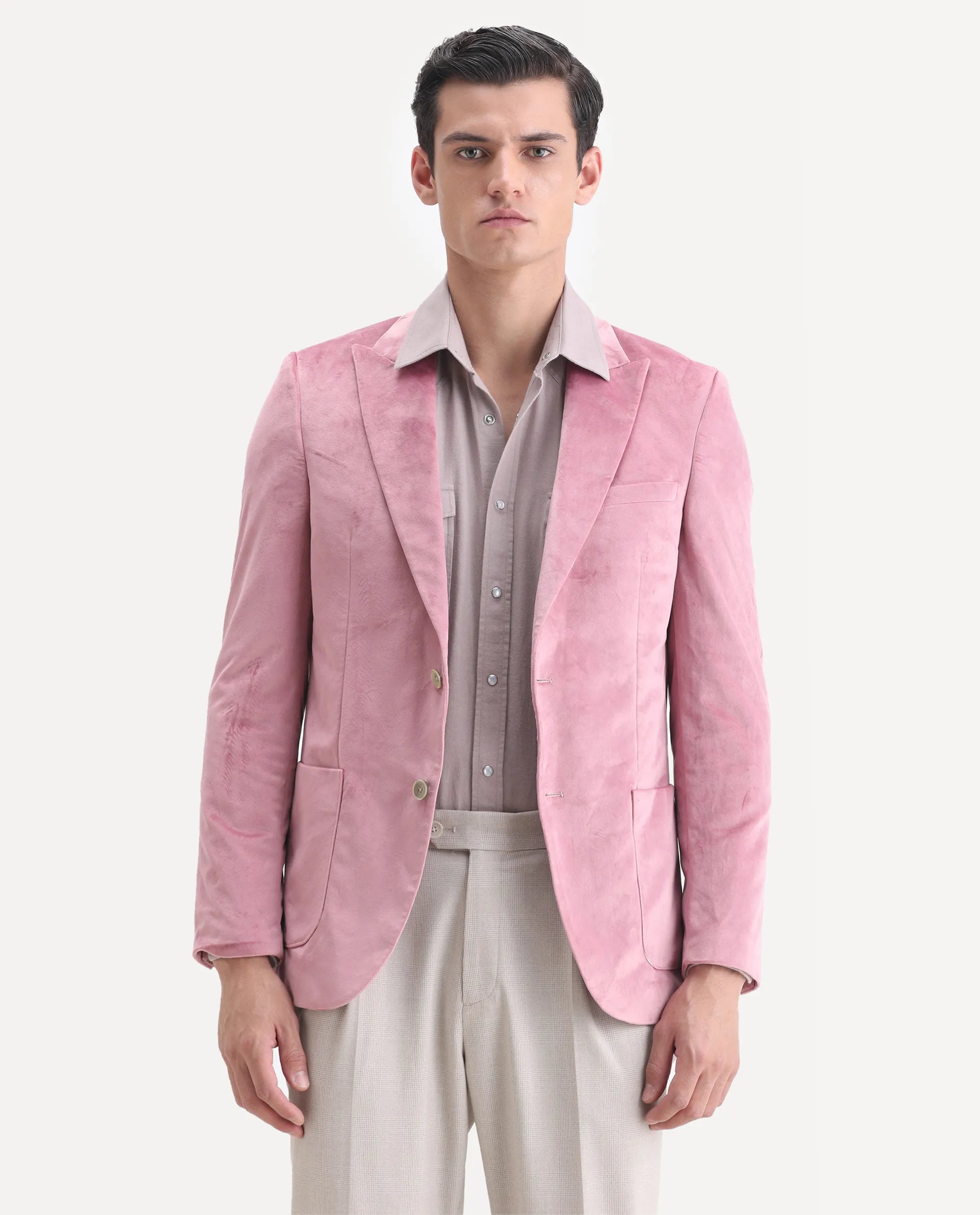 Rare Rabbit Men's Mazey Pink Velvet Plain Tailored Fit Full Sleeve Lapel Neck Blazer