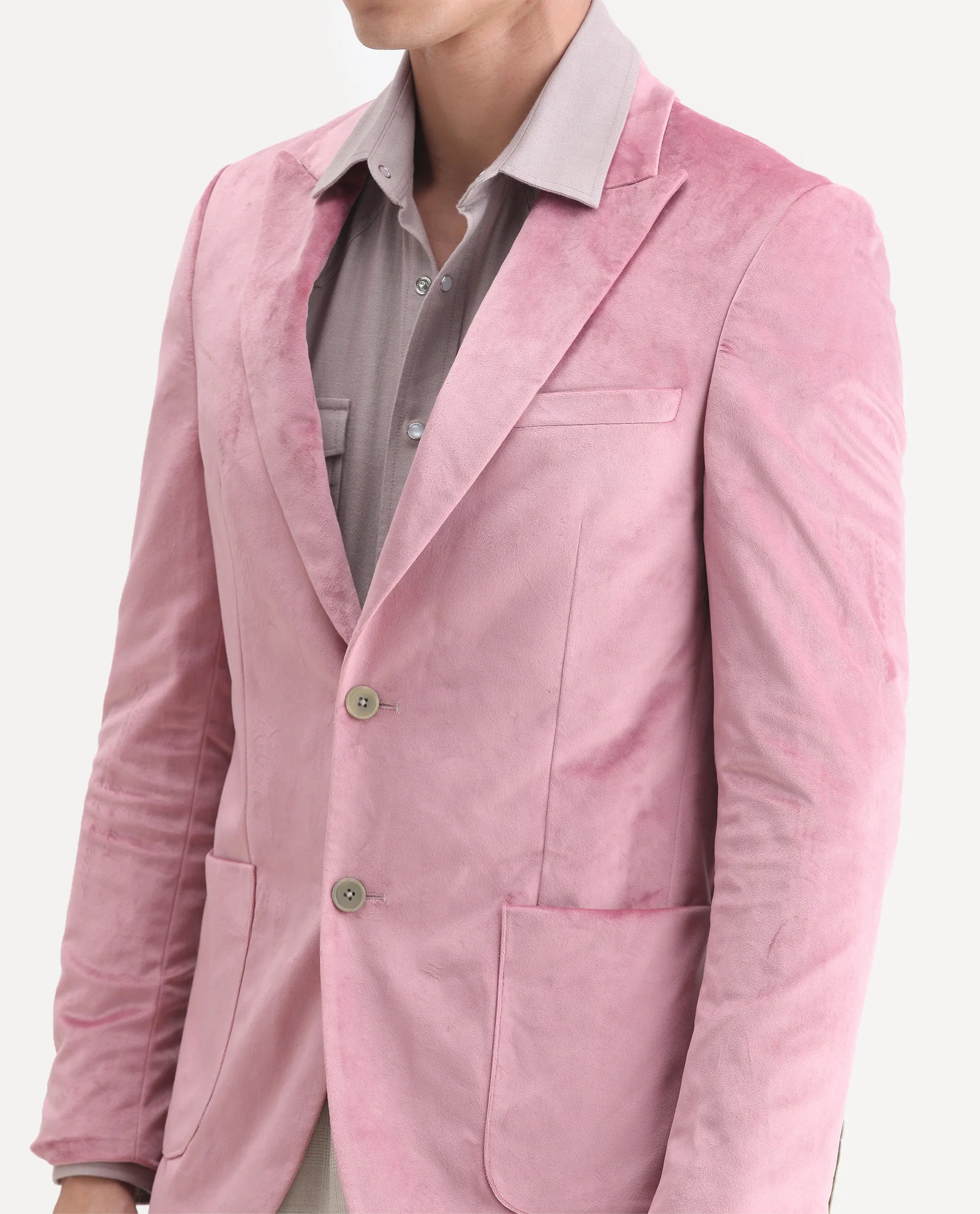 Rare Rabbit Men's Mazey Pink Velvet Plain Tailored Fit Full Sleeve Lapel Neck Blazer