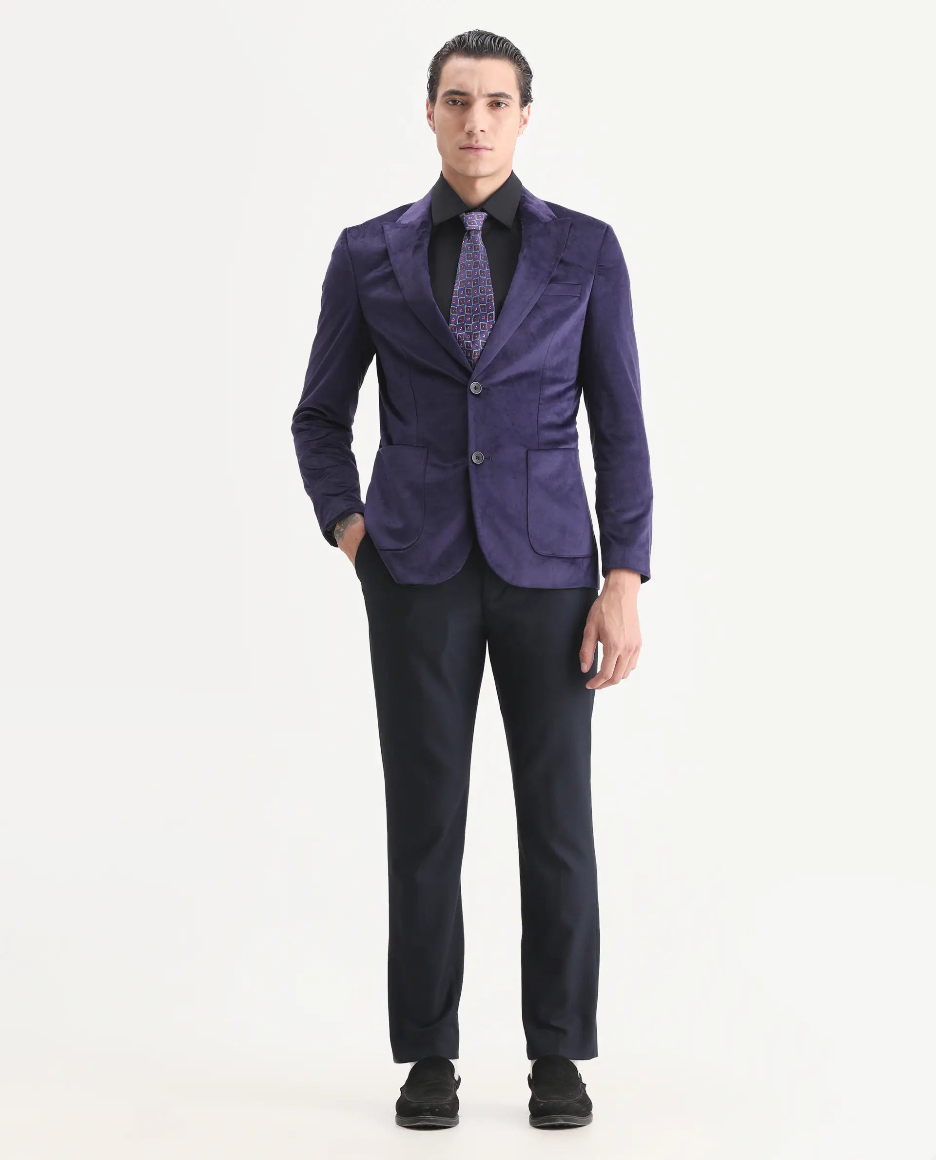 Rare Rabbit Men's Mazey Purple Velvet Plain Tailored Fit Full Sleeve Lapel Neck Blazer