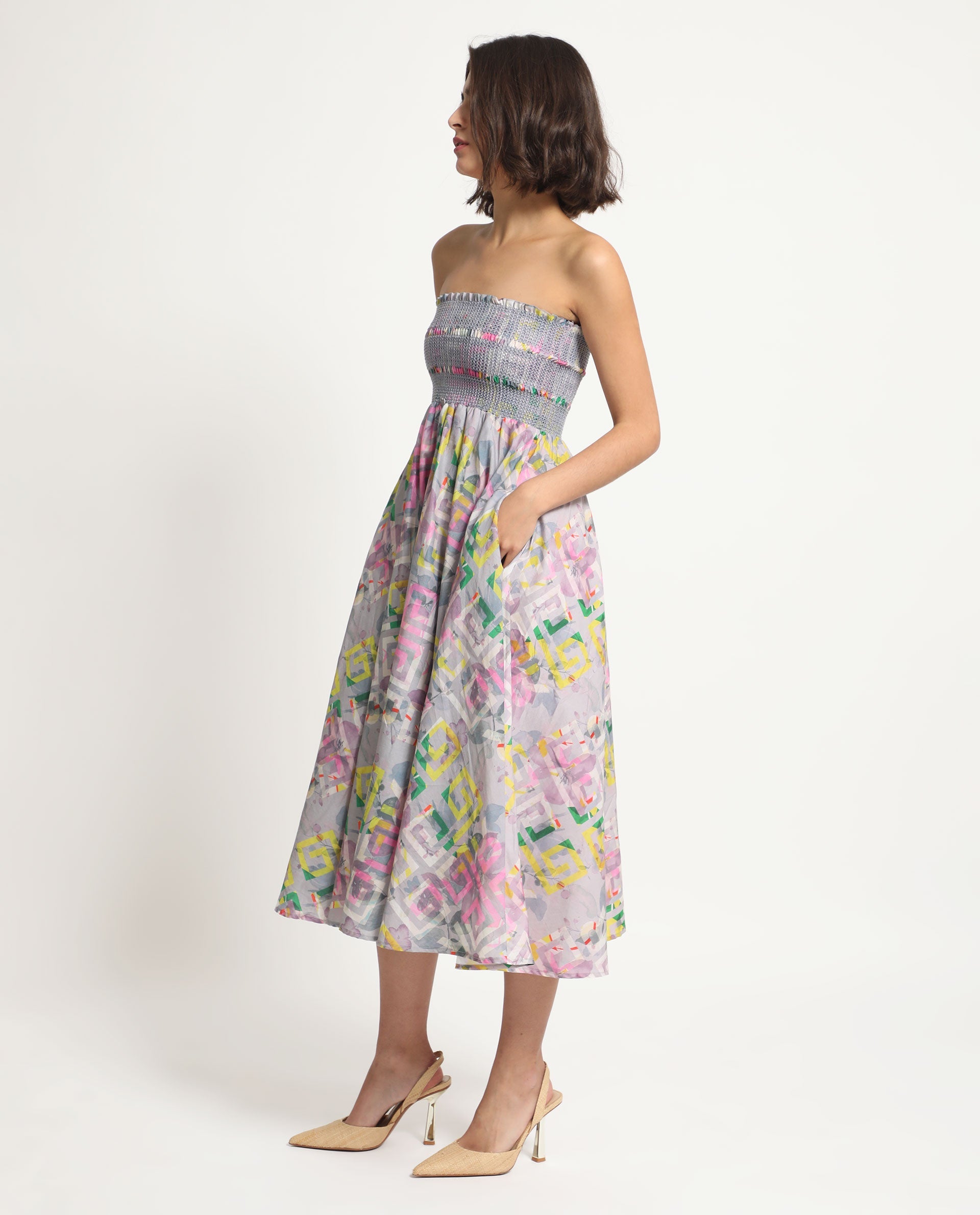 Rareism Women Mazon Multi Cotton Fabric Sleeveless Tube Neck Shoulder Straps Fit And Flare Floral Print Midi Empire Dress