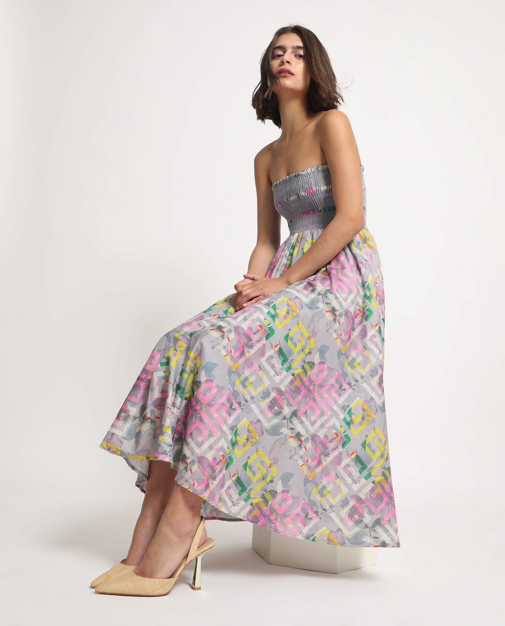 Rareism Women Mazon Multi Cotton Fabric Sleeveless Tube Neck Shoulder Straps Fit And Flare Floral Print Midi Empire Dress