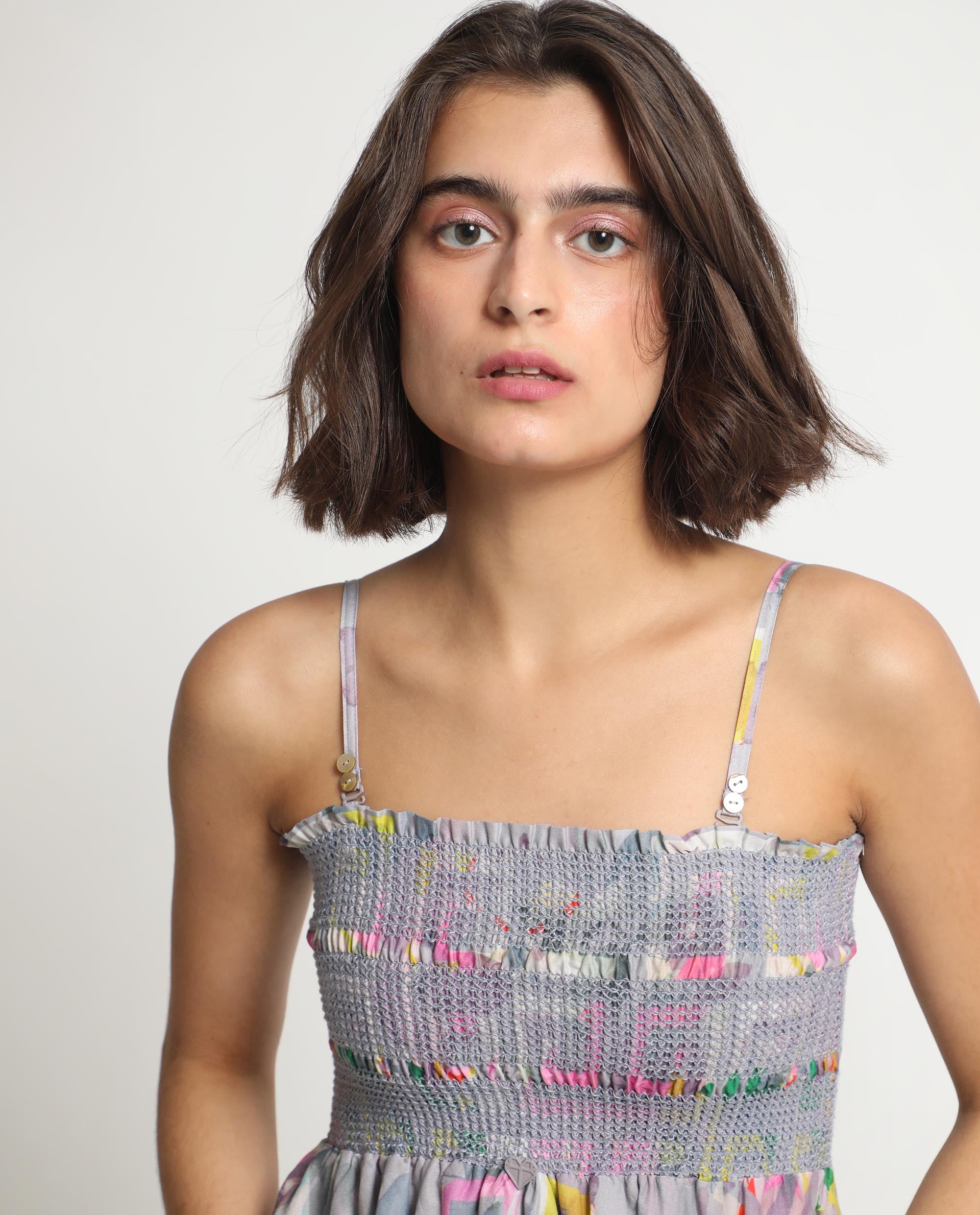 Rareism Women Mazon Multi Cotton Fabric Sleeveless Tube Neck Shoulder Straps Fit And Flare Floral Print Midi Empire Dress