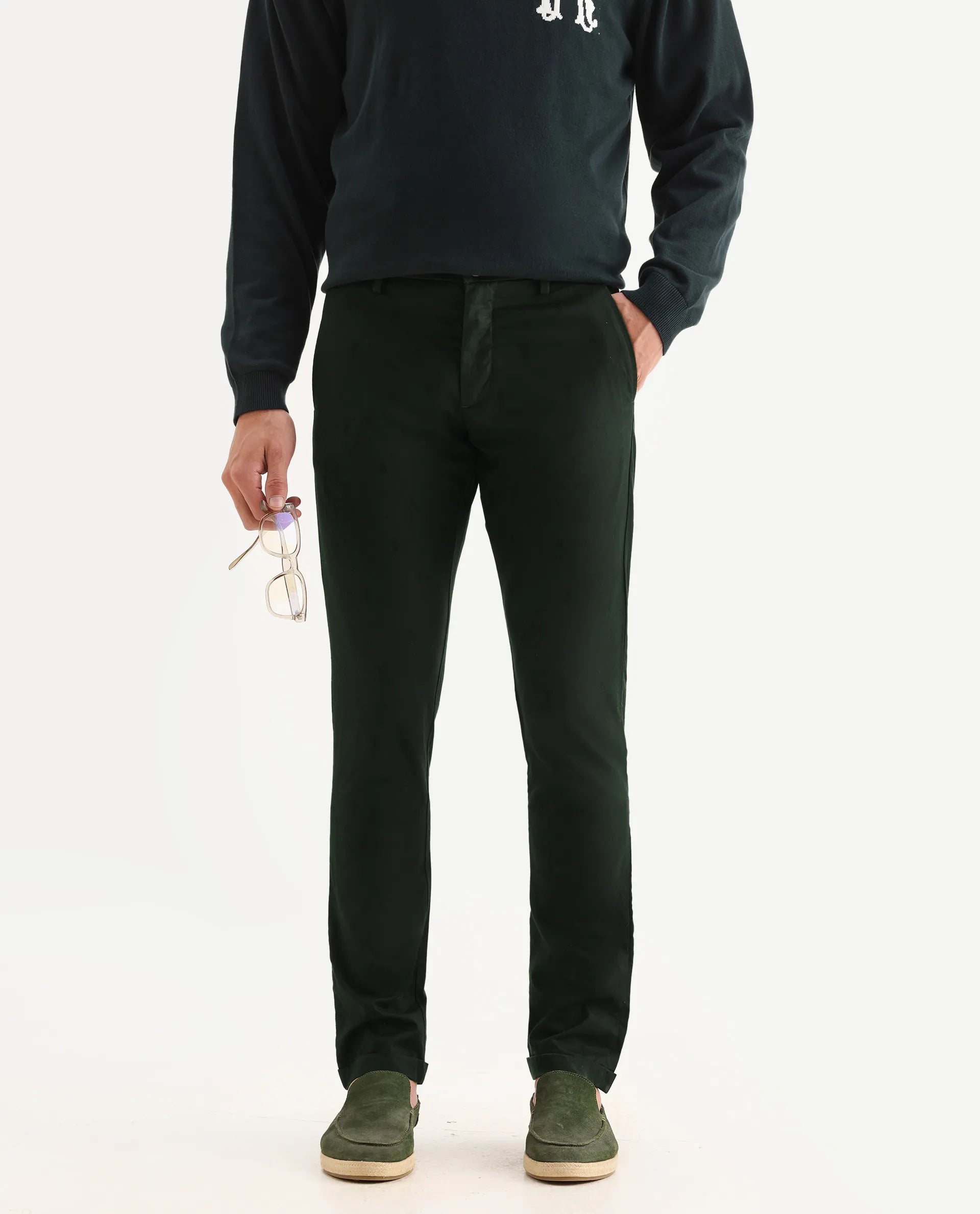 Rare Rabbit Men's Mazzio Green Cotton Jacquard Slim Fit Trouser