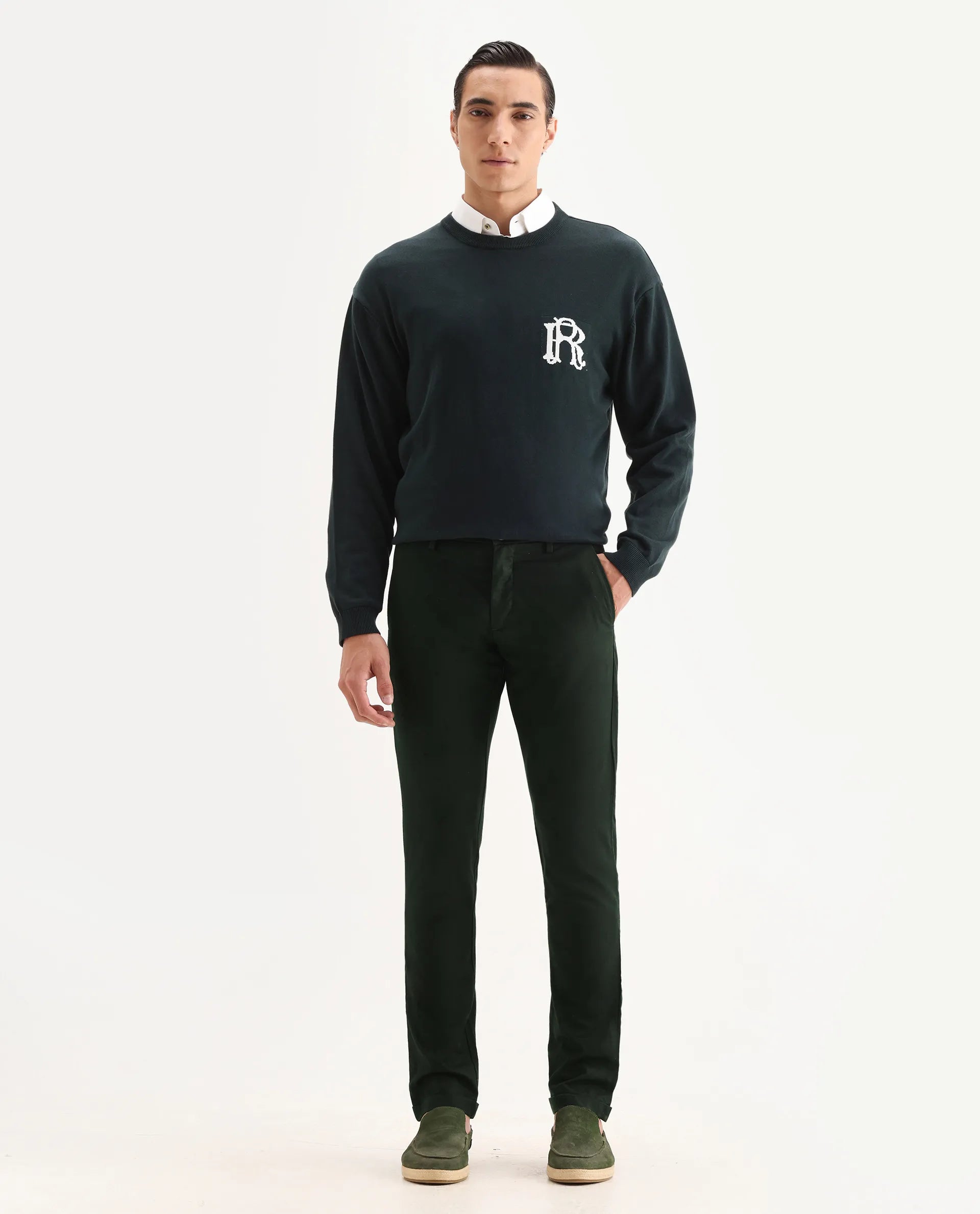 Rare Rabbit Men's Mazzio Green Cotton Jacquard Slim Fit Trouser