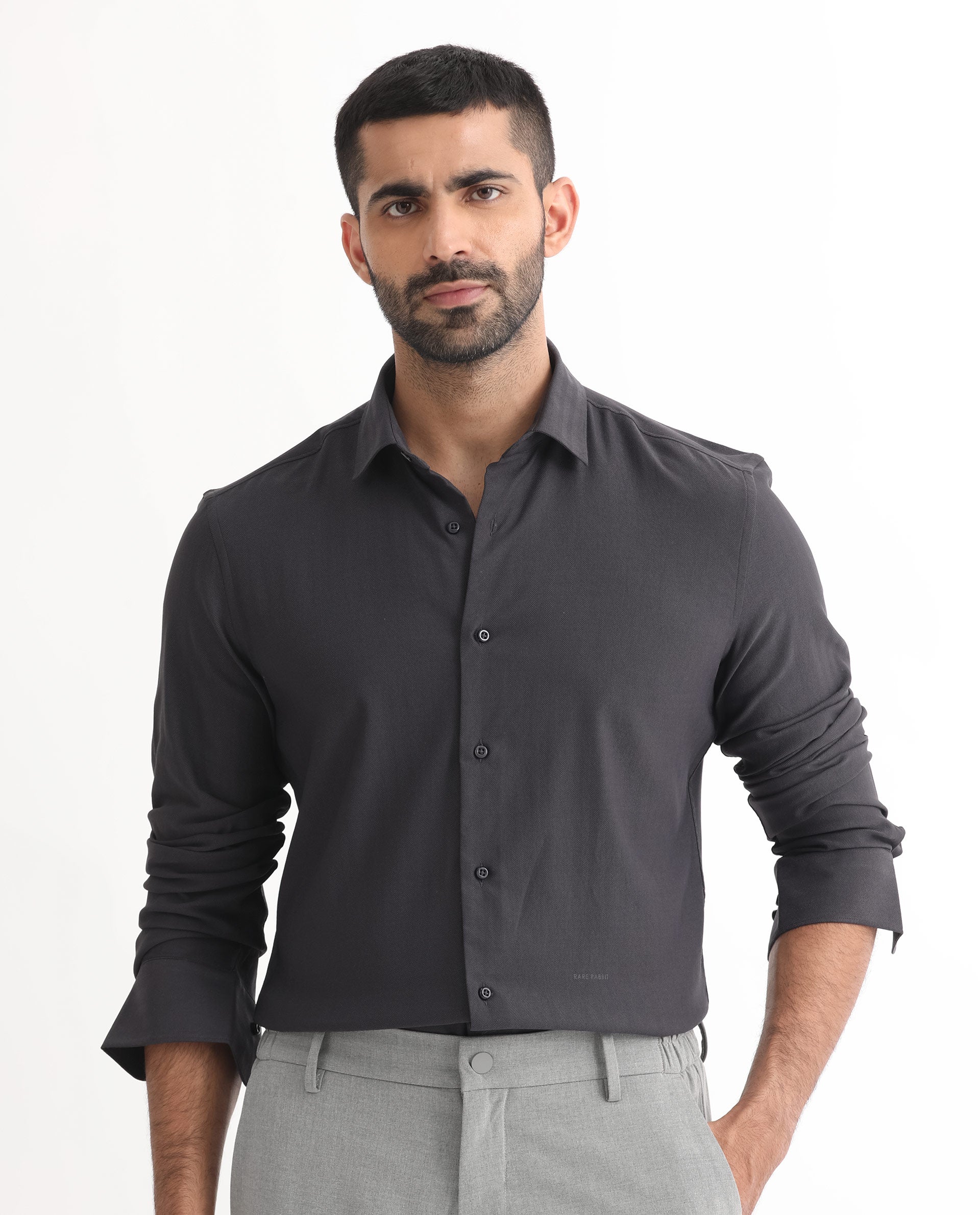 Rare Rabbit Men's Me Dark Grey Polyester Plain Regular Fit Full Sleeve
