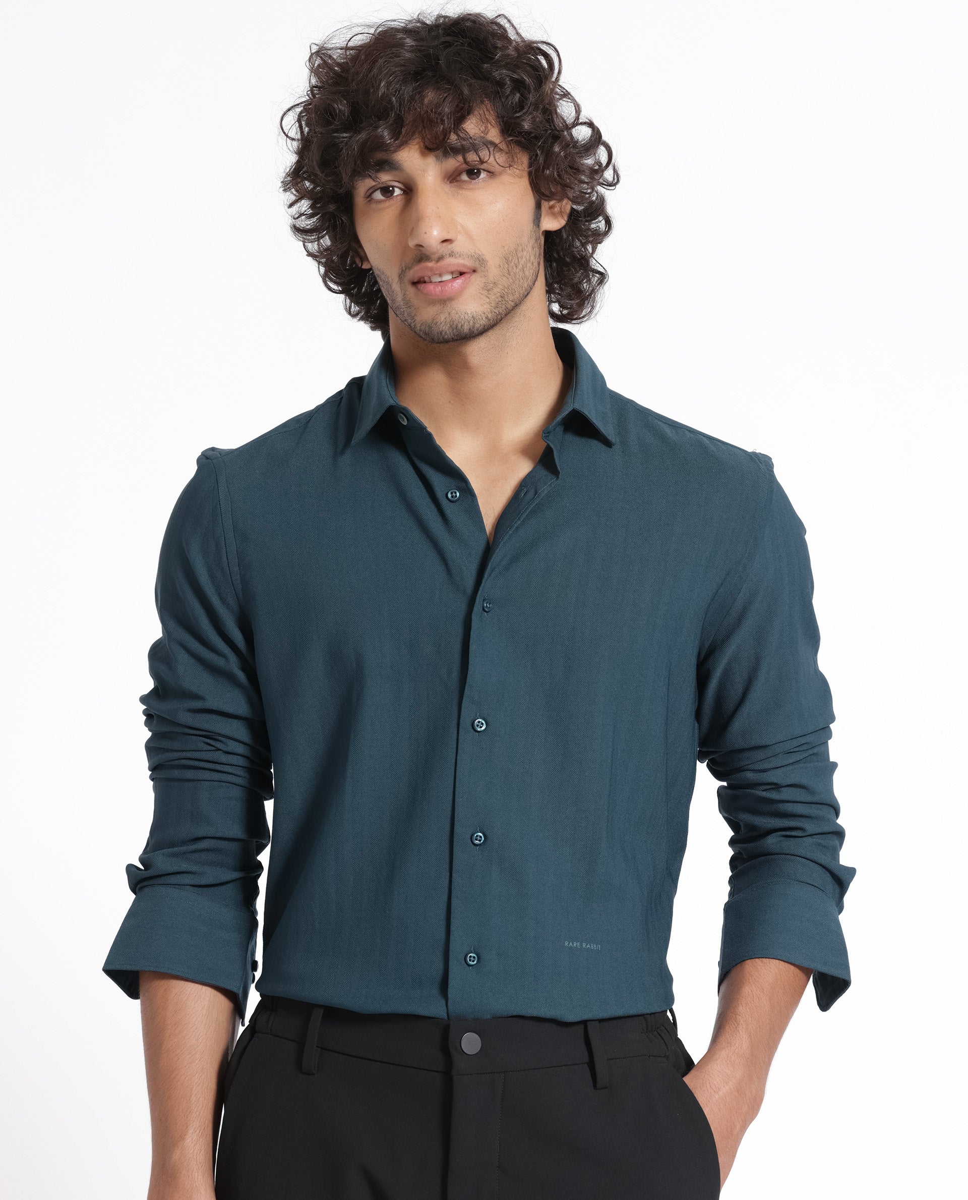 Rare Rabbit Men's Me Green Cotton Polyester Fabric Full Sleeves Solid Shirt