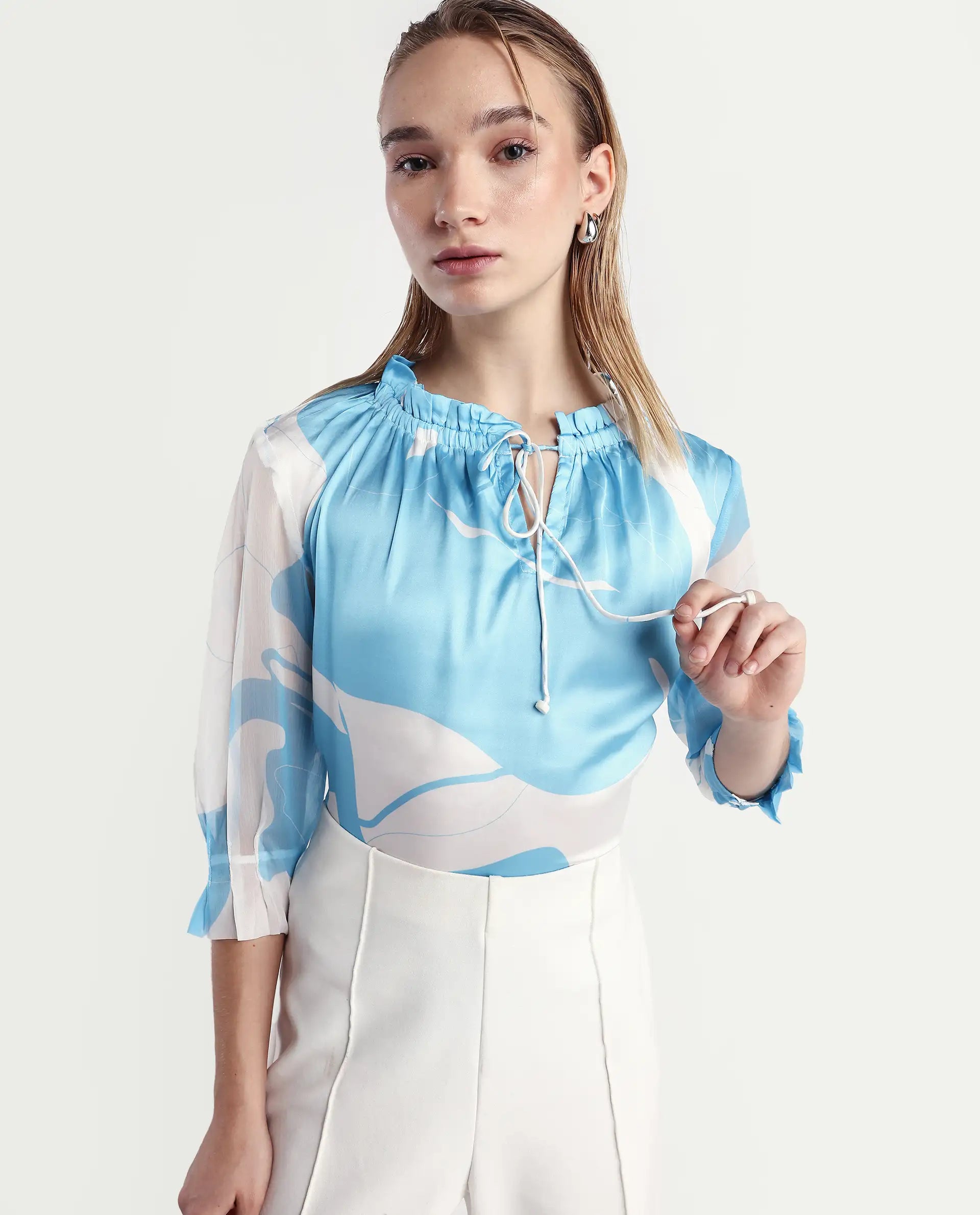 Rareism Women's Meara Blue Polyester Tie-Up Neck Abstract Print Ruffled Sleeve Regular Fit Top