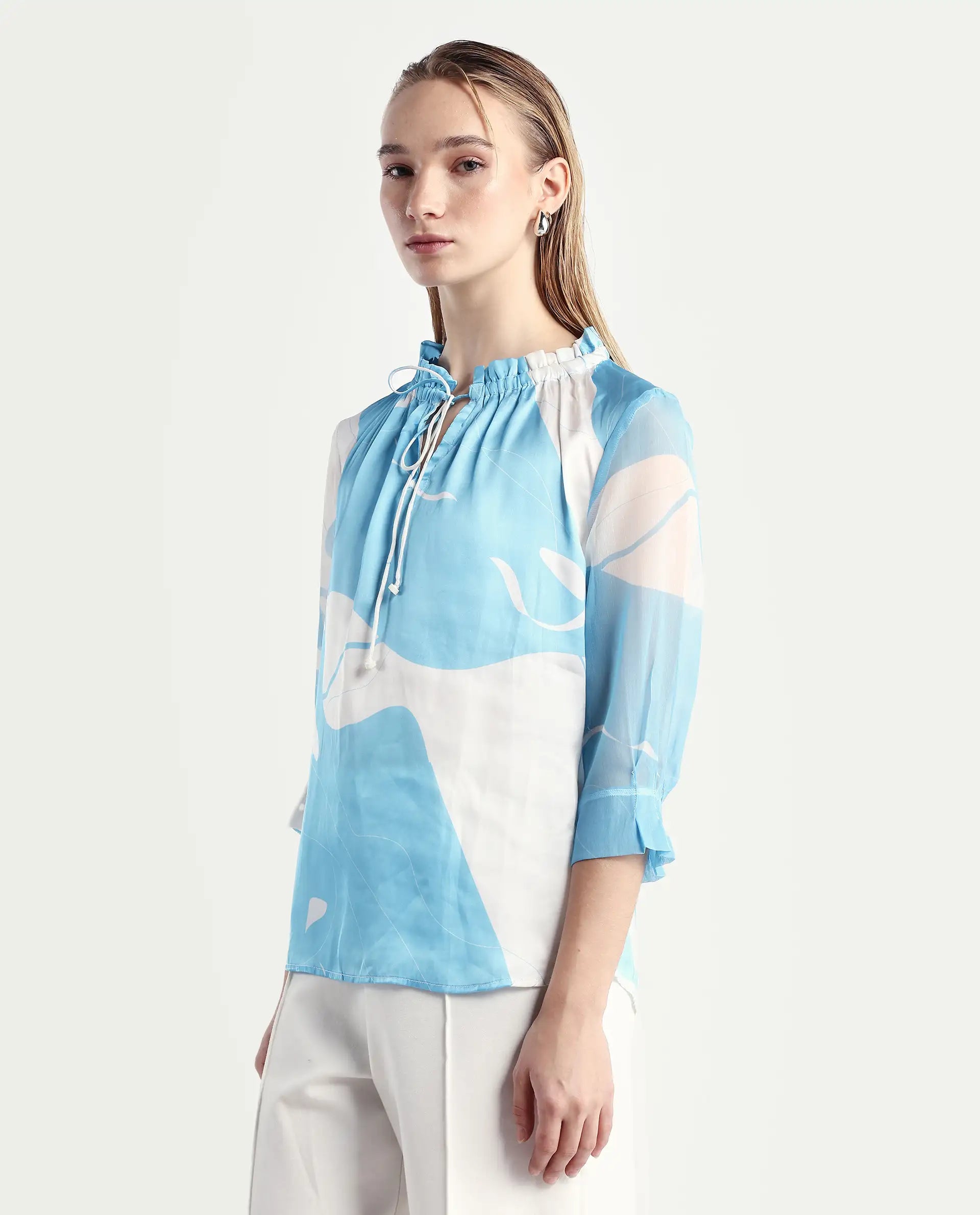 Rareism Women's Meara Blue Polyester Tie-Up Neck Abstract Print Ruffled Sleeve Regular Fit Top