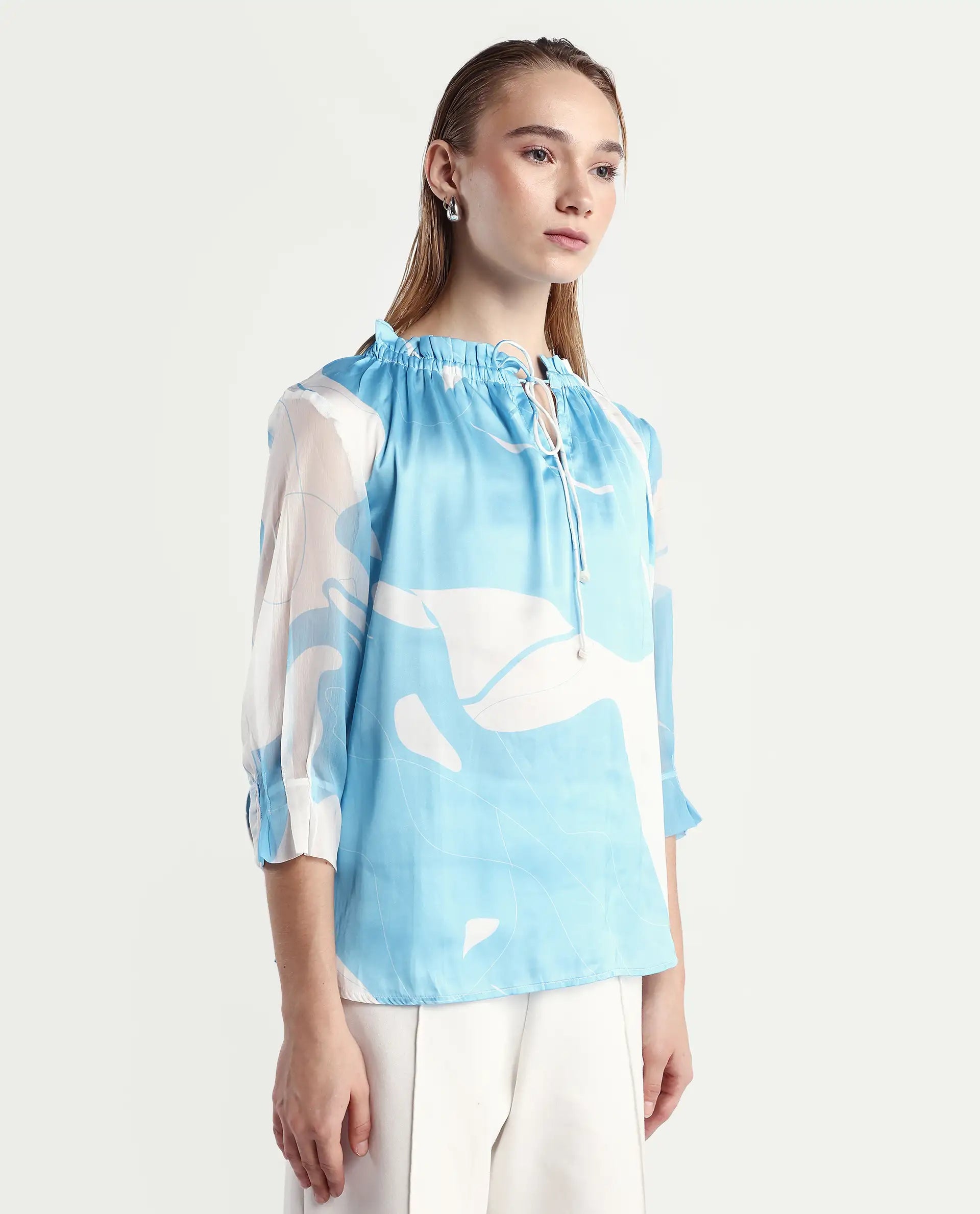 Rareism Women's Meara Blue Polyester Tie-Up Neck Abstract Print Ruffled Sleeve Regular Fit Top