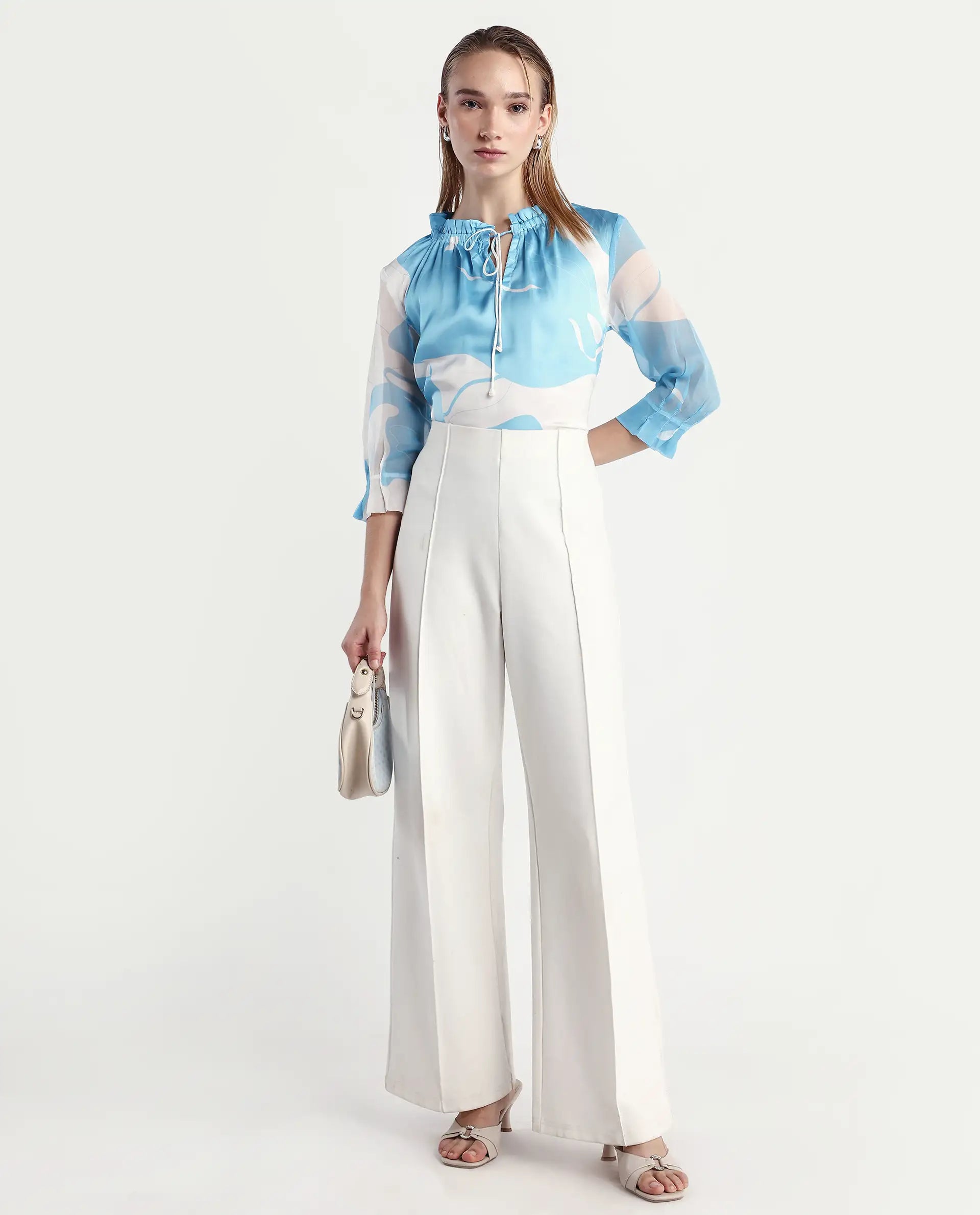 Rareism Women's Meara Blue Polyester Tie-Up Neck Abstract Print Ruffled Sleeve Regular Fit Top