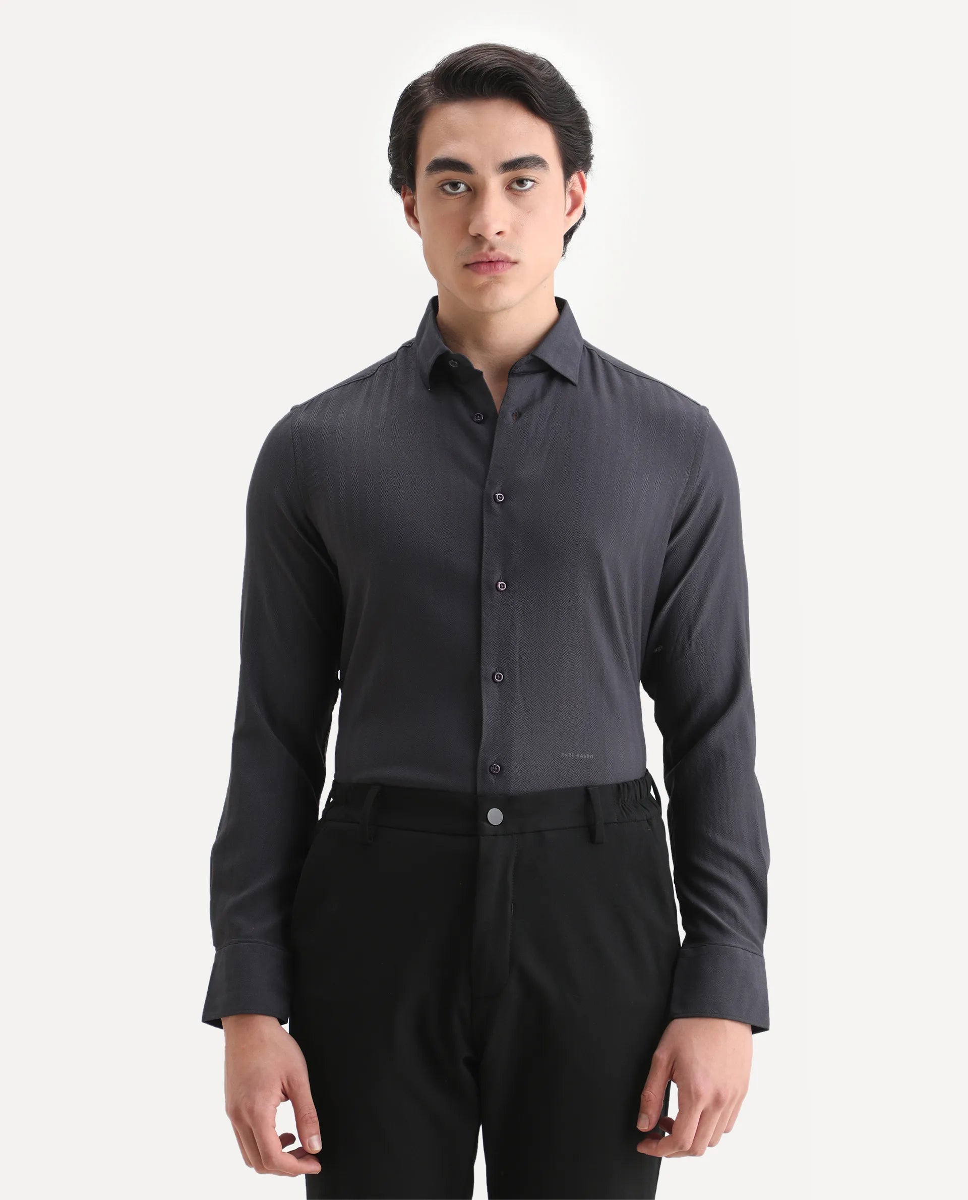 Rare Rabbit Men's Me Dark Grey Polyester Plain Regular Fit Full Sleeve Collared Shirt