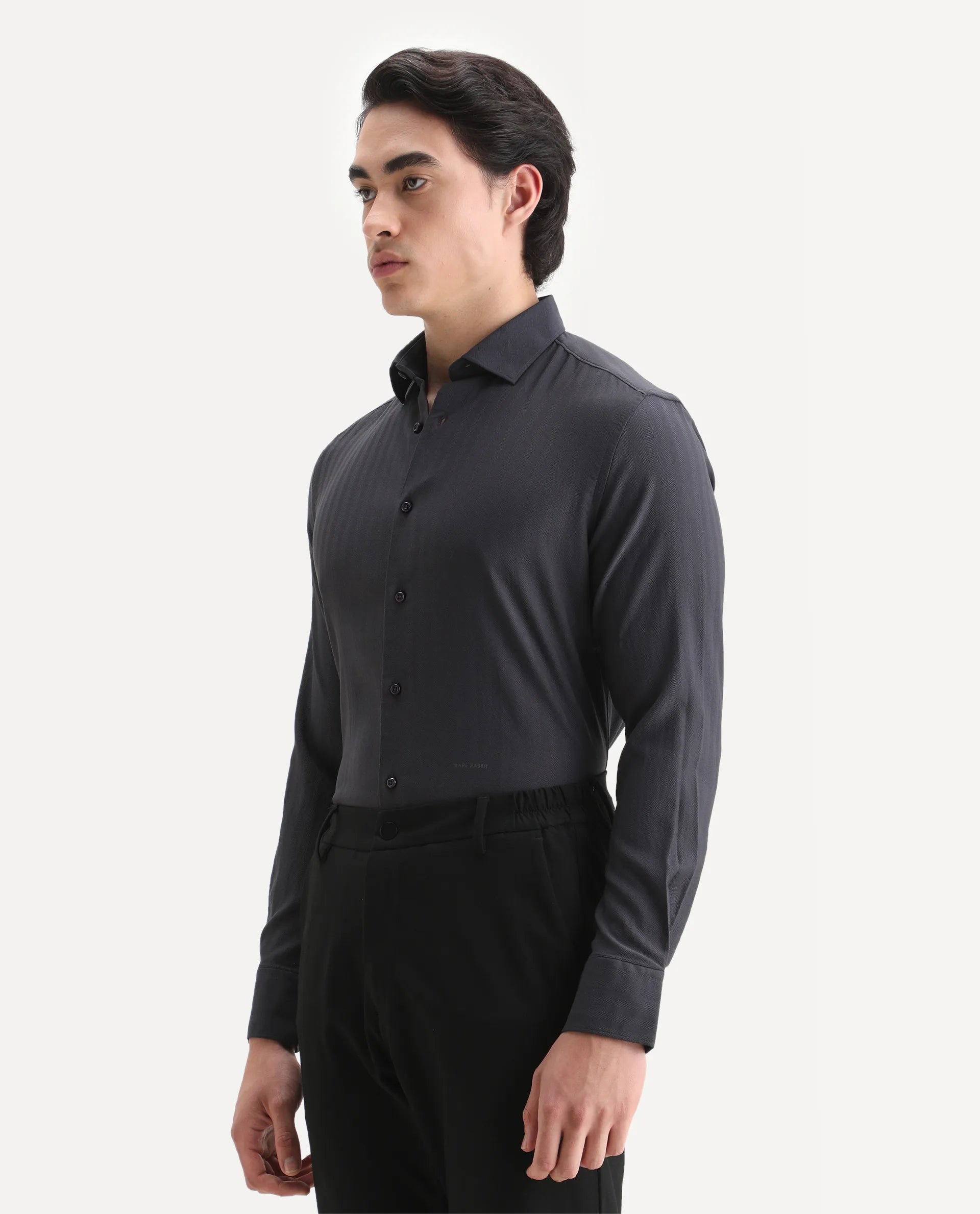 Rare Rabbit Men's Me Dark Grey Polyester Plain Regular Fit Full Sleeve Collared Shirt