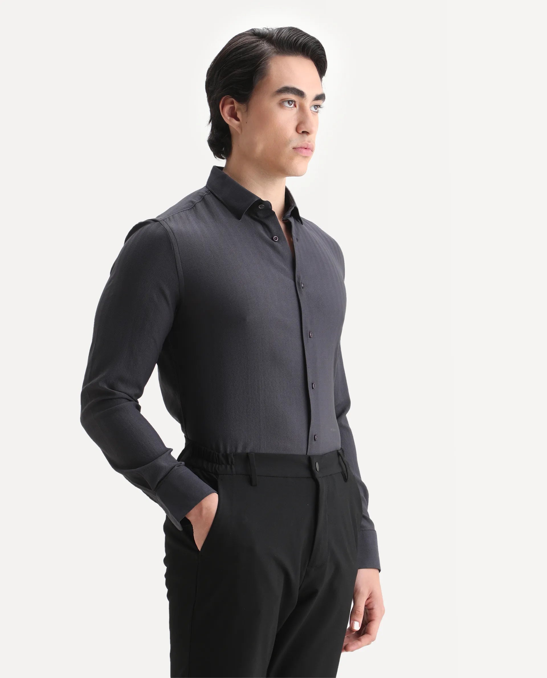 Rare Rabbit Men's Me Dark Grey Polyester Plain Regular Fit Full Sleeve Collared Shirt