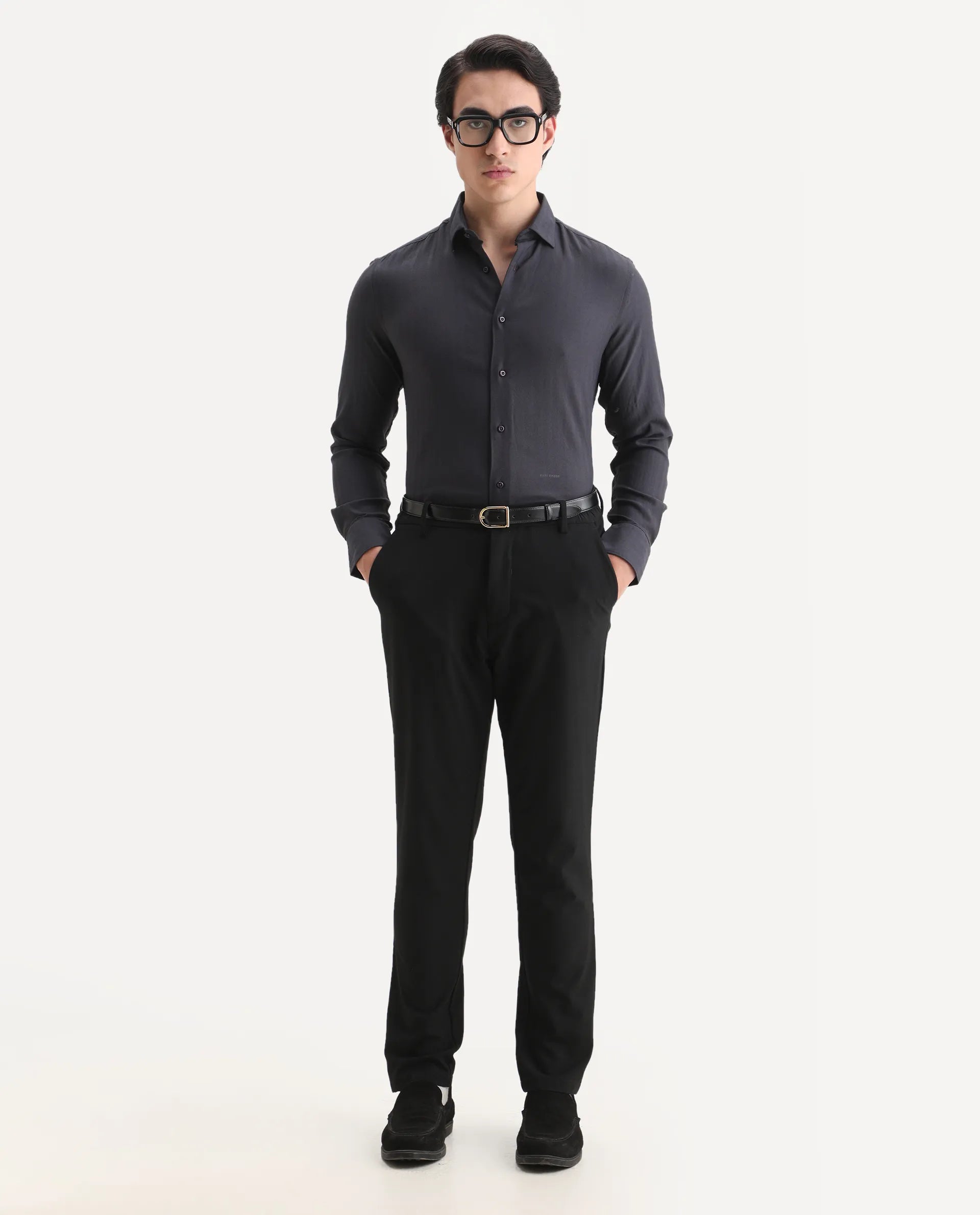 Rare Rabbit Men's Me Dark Grey Polyester Plain Regular Fit Full Sleeve Collared Shirt