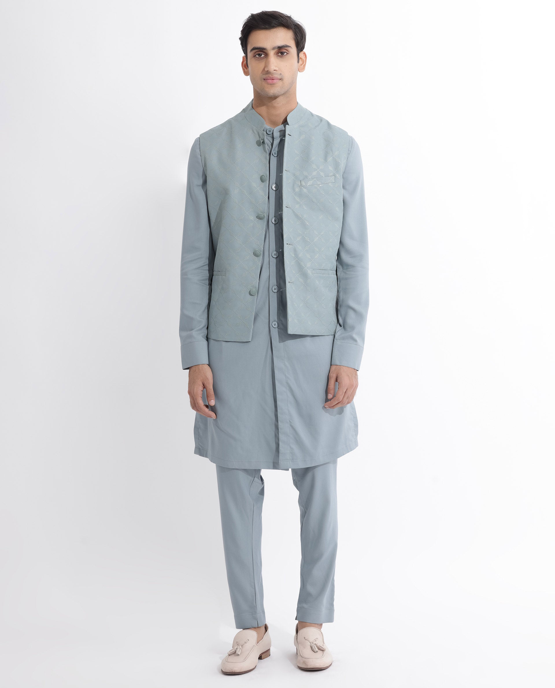 RARE RABBIT MENS MEDO-B DUSKY GREEN BANDI SLEEVELESS MANDARIN COLLAR