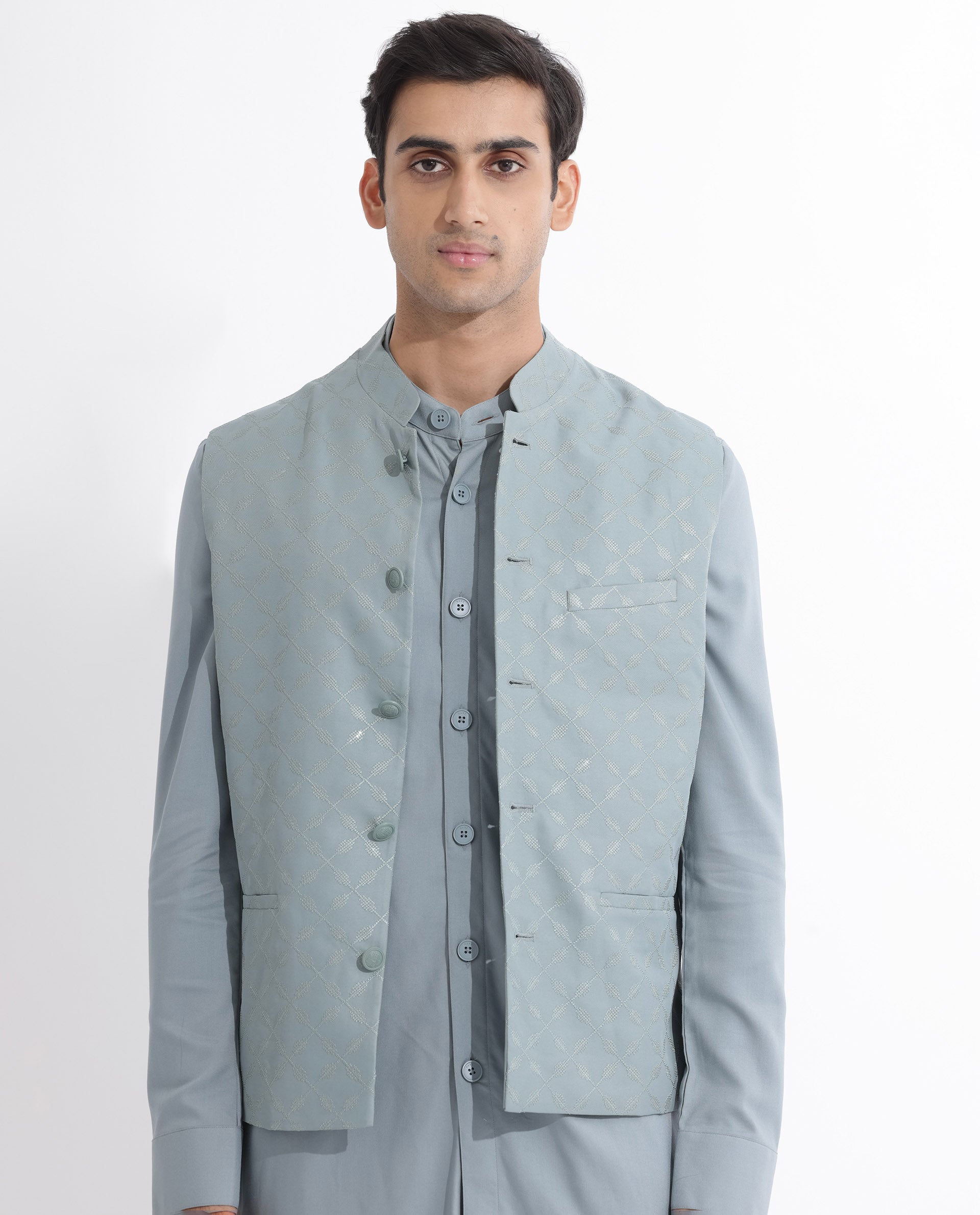 RARE RABBIT MENS MEDO-B DUSKY GREEN BANDI SLEEVELESS MANDARIN COLLAR