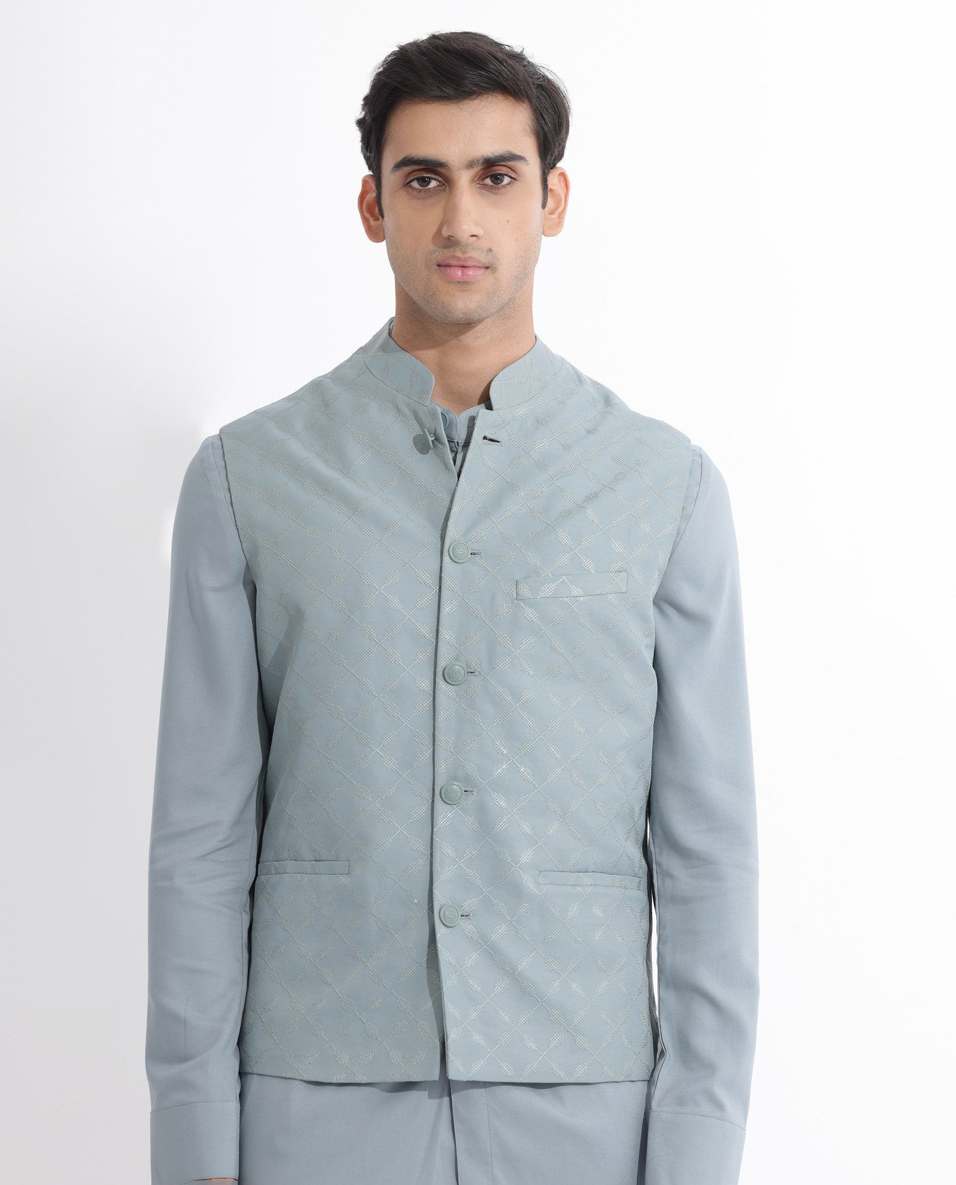 RARE RABBIT MENS MEDO-B DUSKY GREEN BANDI SLEEVELESS MANDARIN COLLAR