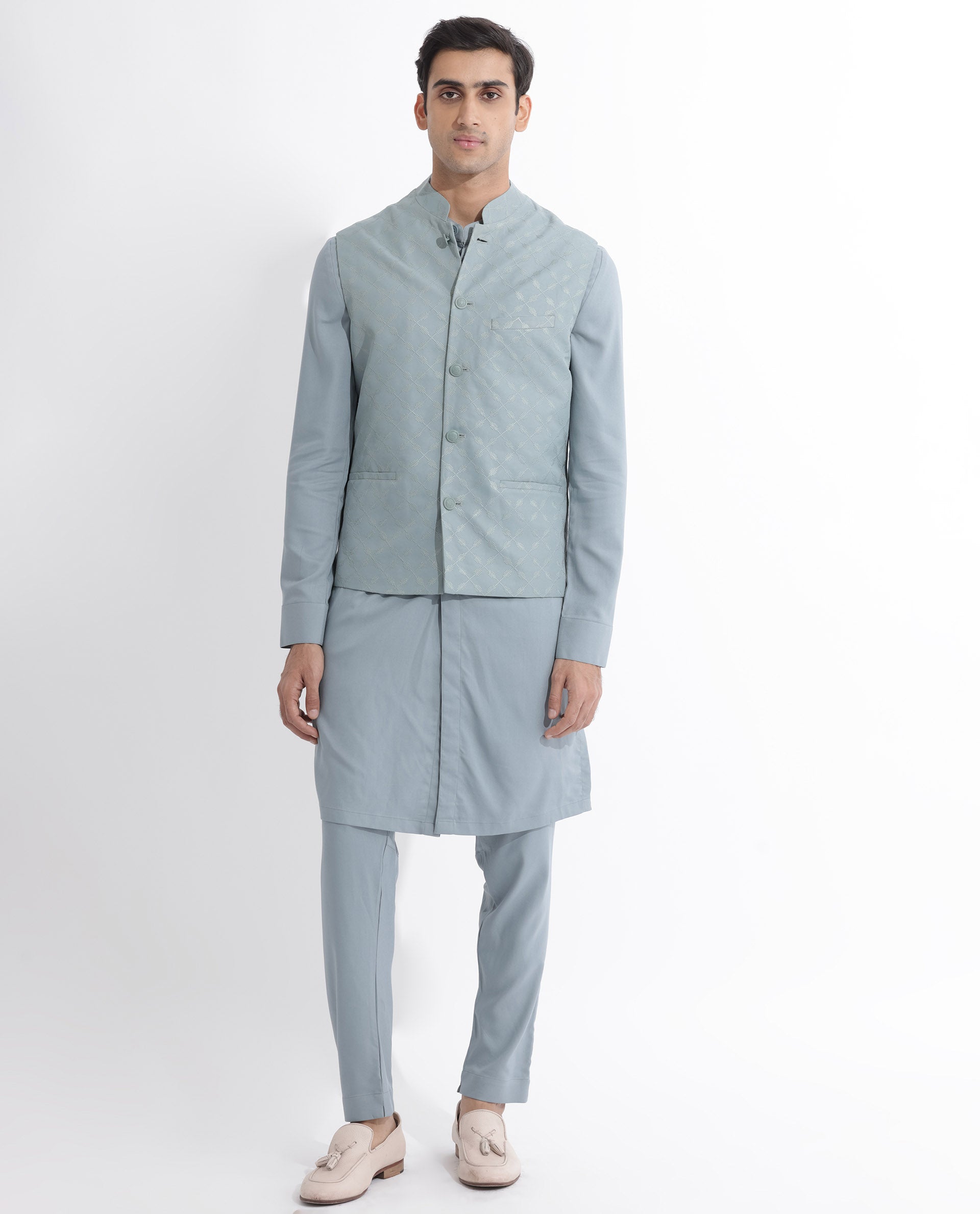 RARE RABBIT MENS MEDO-B DUSKY GREEN BANDI SLEEVELESS MANDARIN COLLAR