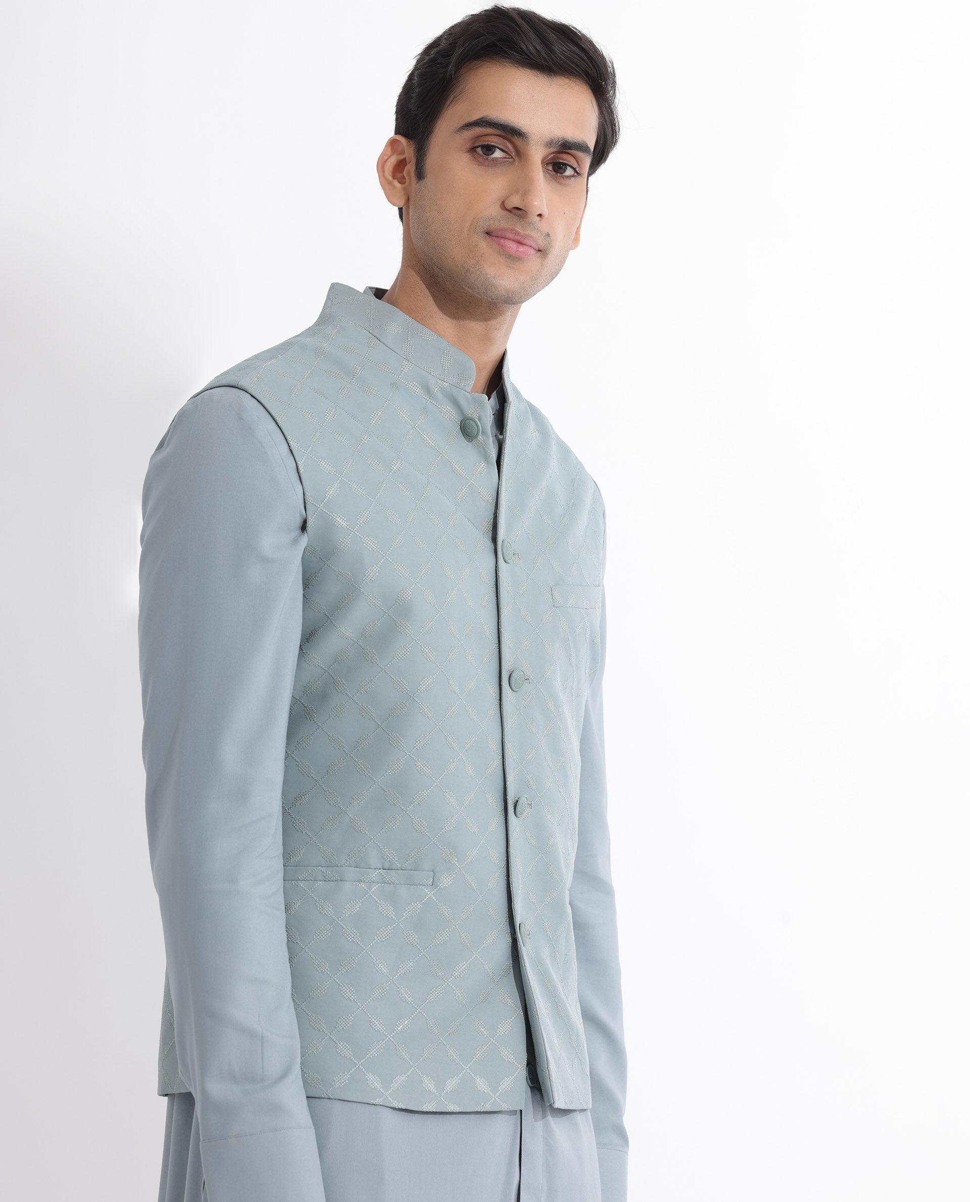 RARE RABBIT MENS MEDO-B DUSKY GREEN BANDI SLEEVELESS MANDARIN COLLAR