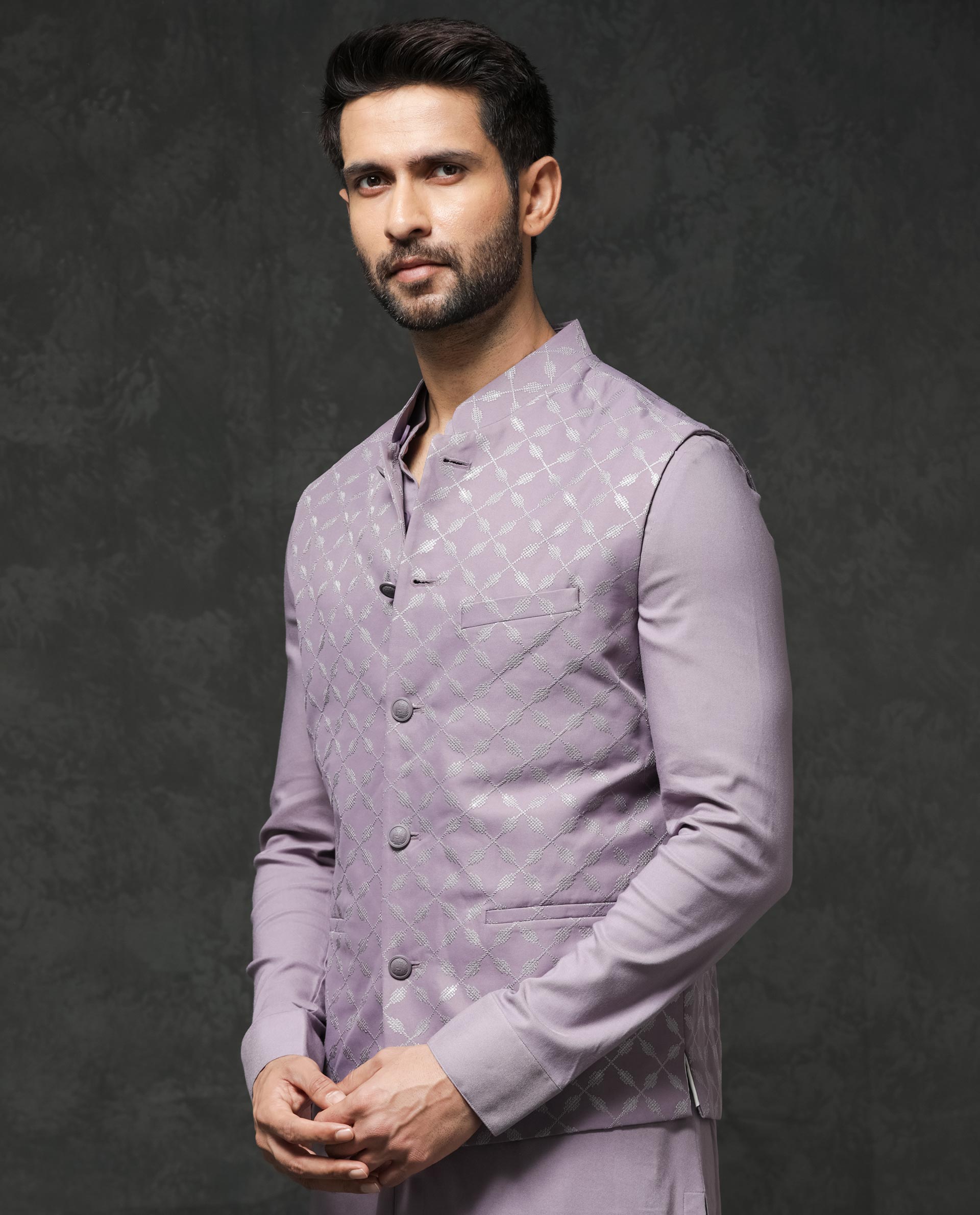 Rare Rabbit Men's Medo-B1 Pastel Purple Poly Viscose Elastane Fabric Mandarin Collar Sleeveless Geometric Embroidered Bandi