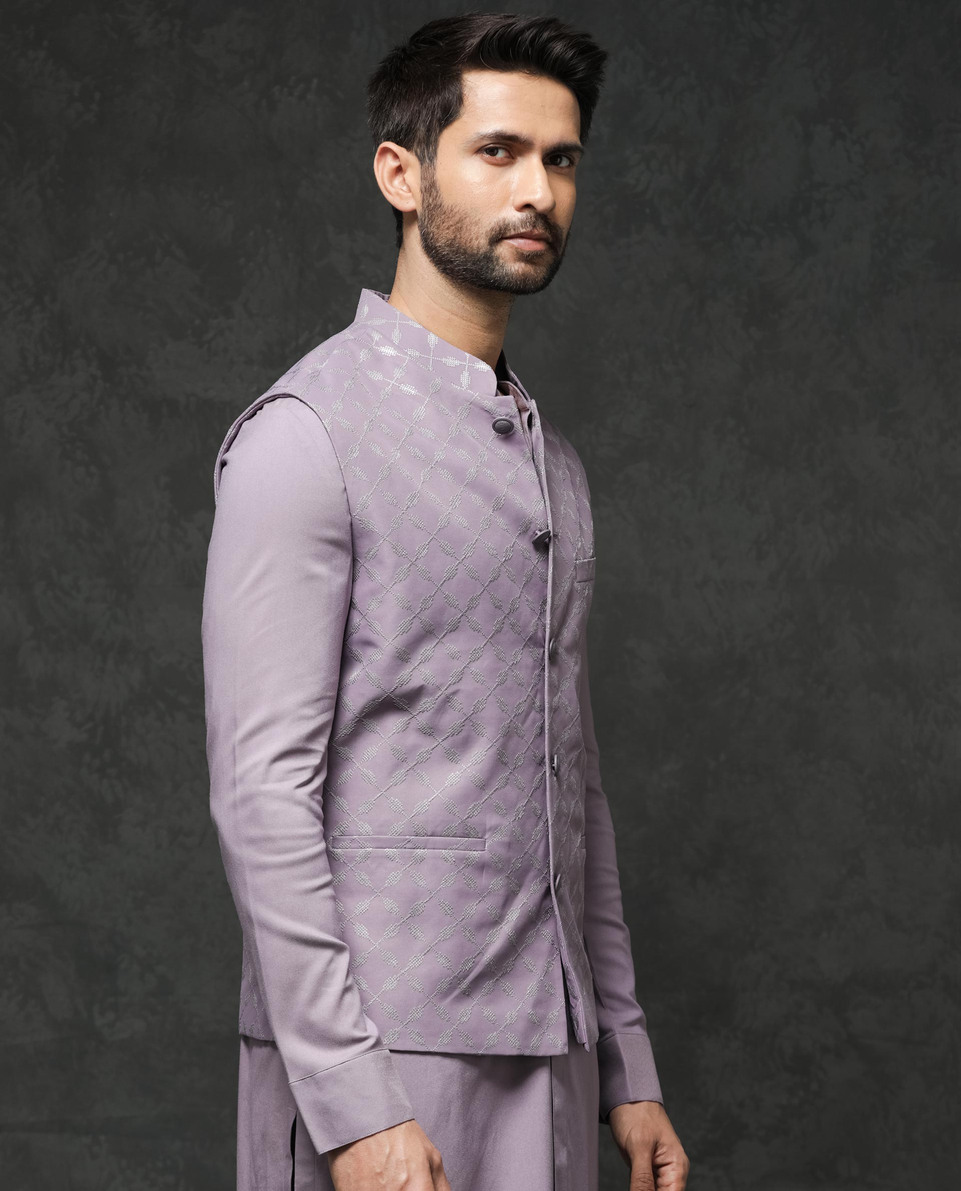 Rare Rabbit Men's Medo-B1 Pastel Purple Poly Viscose Elastane Fabric Mandarin Collar Sleeveless Geometric Embroidered Bandi