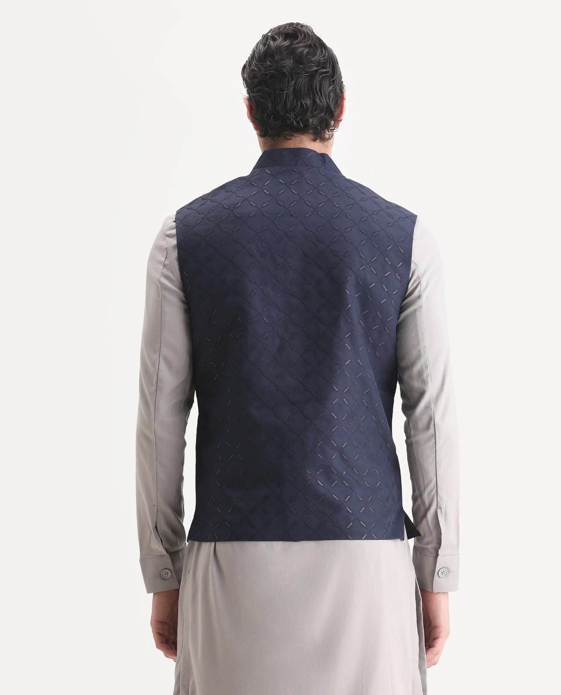 Rare Rabbit Men's Medo-B1 Dark Navy Viscose Embroidered Regular Fit Sleeveless Mandarin Collar Bandhgala