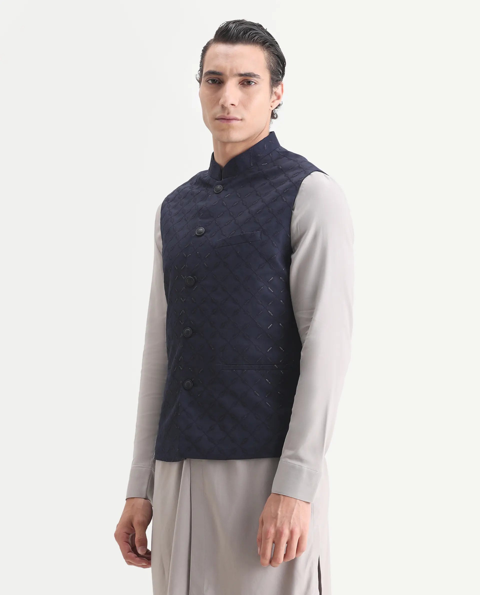 Rare Rabbit Men's Medo-B1 Dark Navy Viscose Embroidered Regular Fit Sleeveless Mandarin Collar Bandhgala