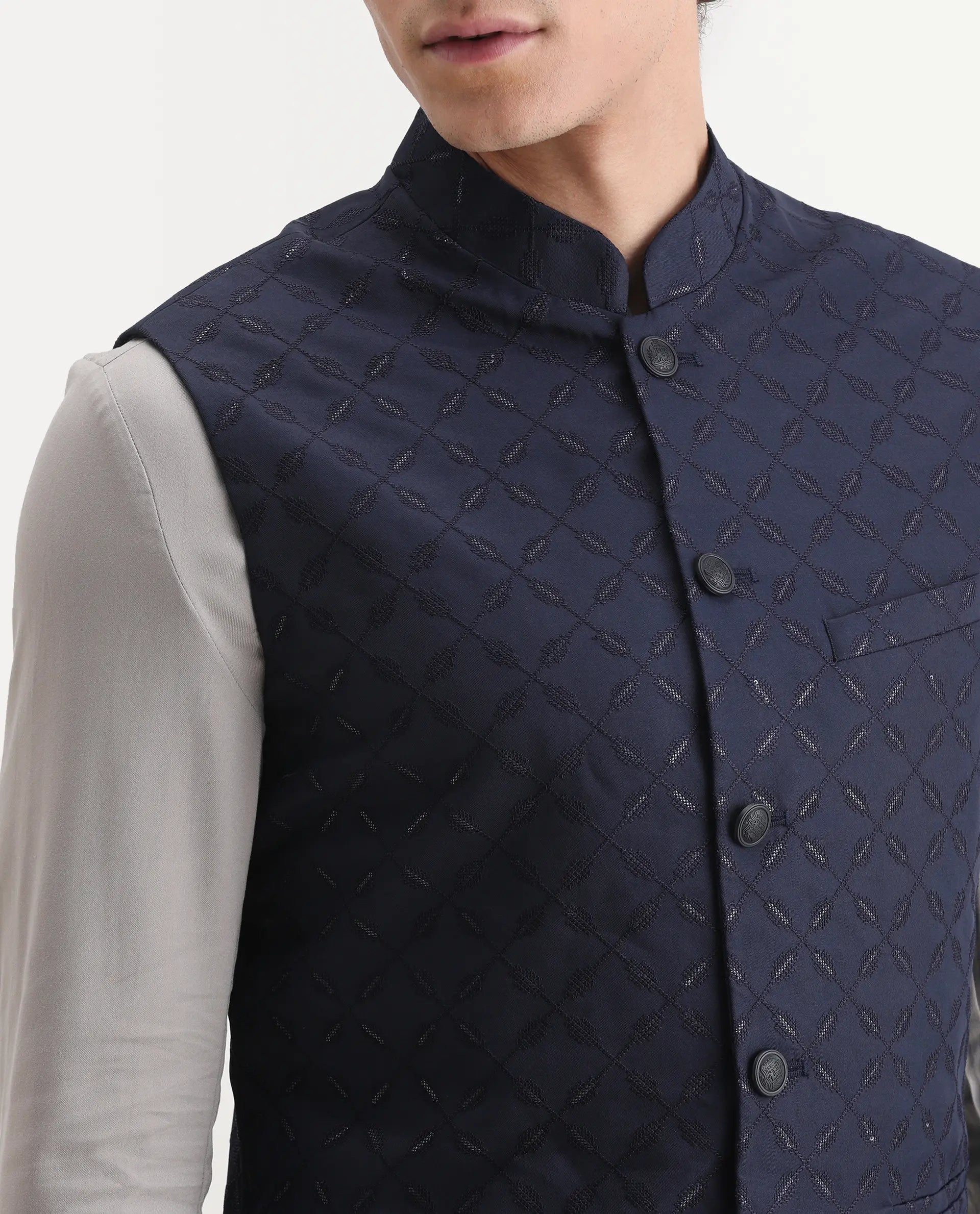 Rare Rabbit Men's Medo-B1 Dark Navy Viscose Embroidered Regular Fit Sleeveless Mandarin Collar Bandhgala