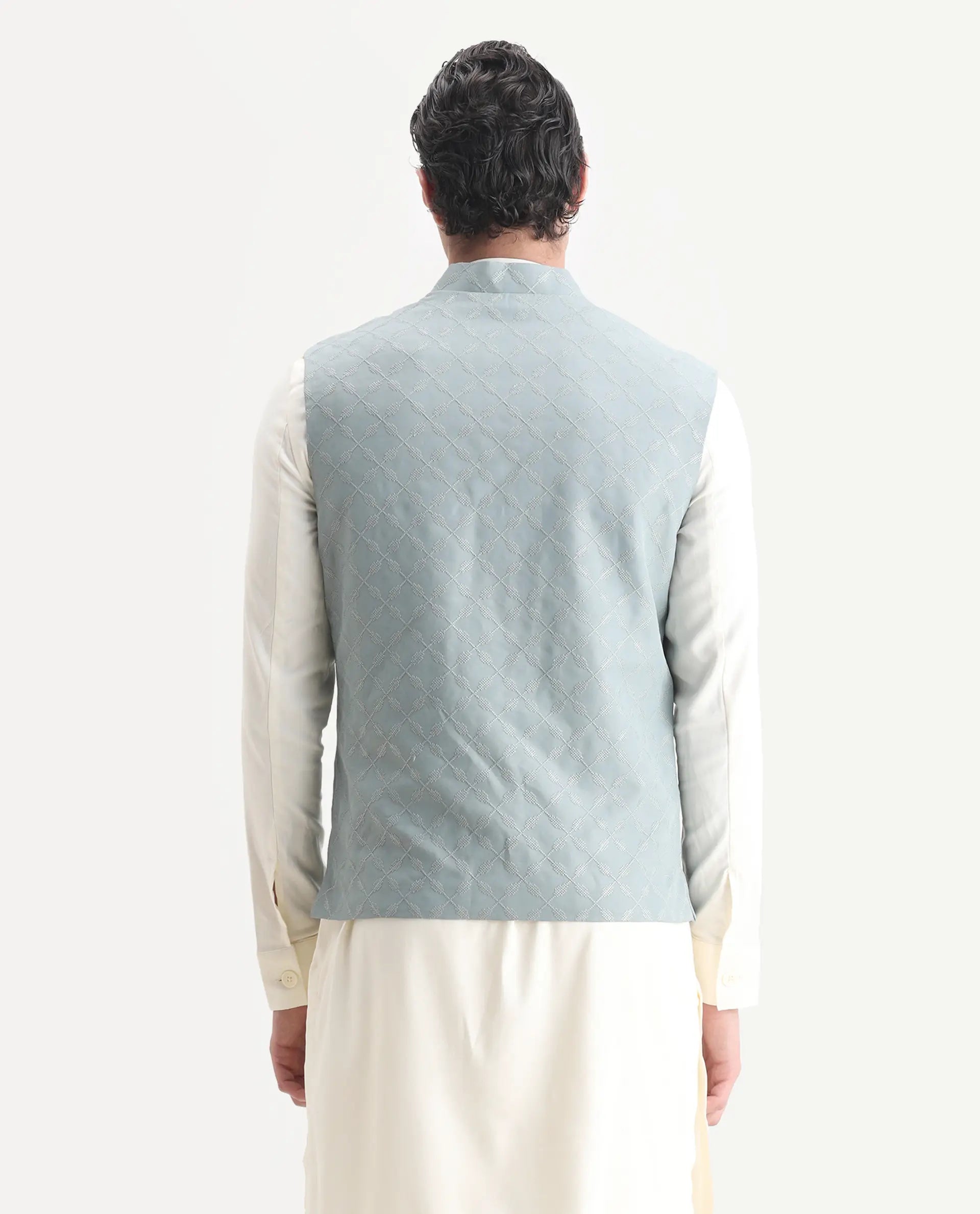 Rare Rabbit Men's Medo B1 Dusky Green Viscose Embroidered Regular Fit Sleeveless Mandarin Collar Bandhgala