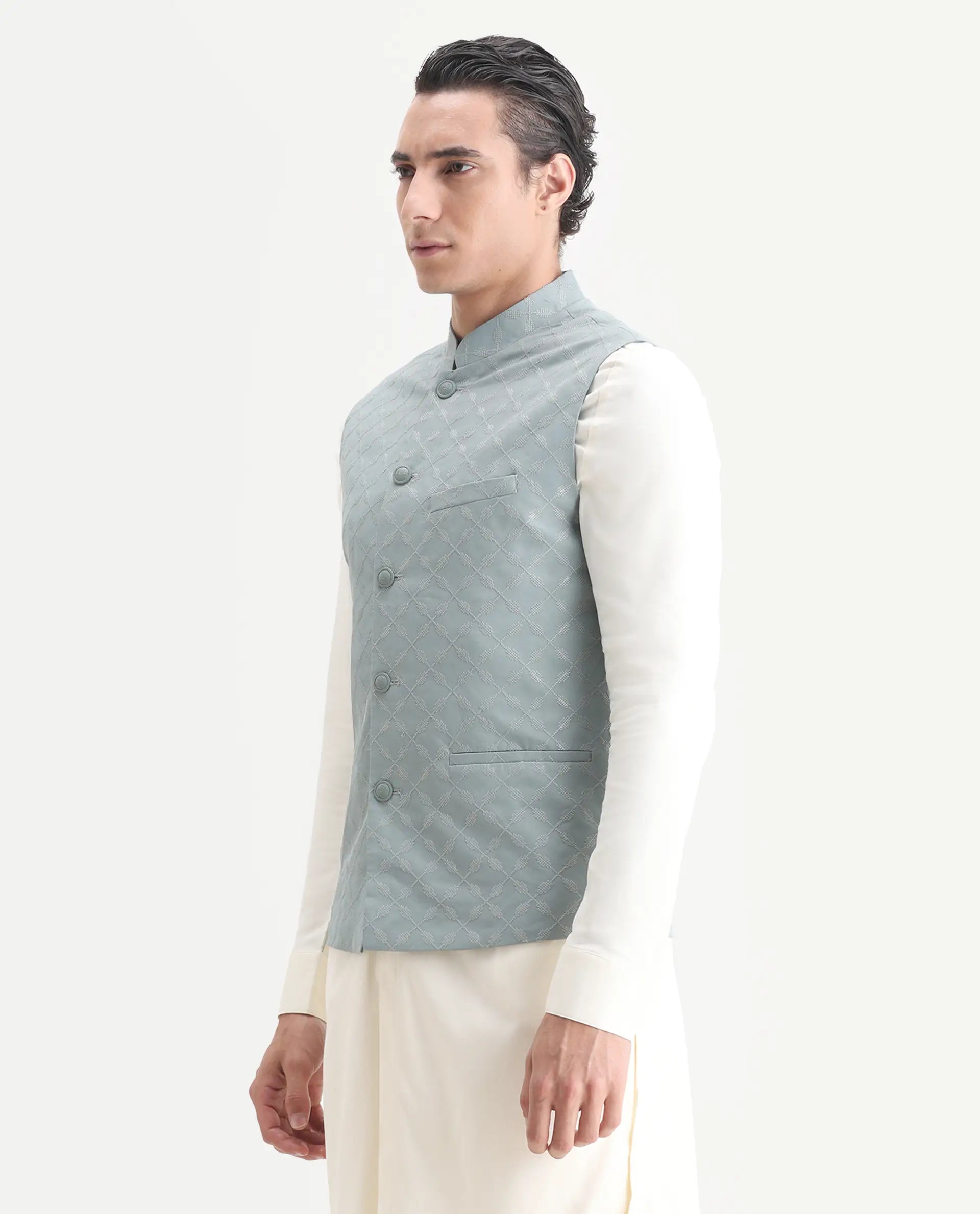 Rare Rabbit Men's Medo B1 Dusky Green Viscose Embroidered Regular Fit Sleeveless Mandarin Collar Bandhgala