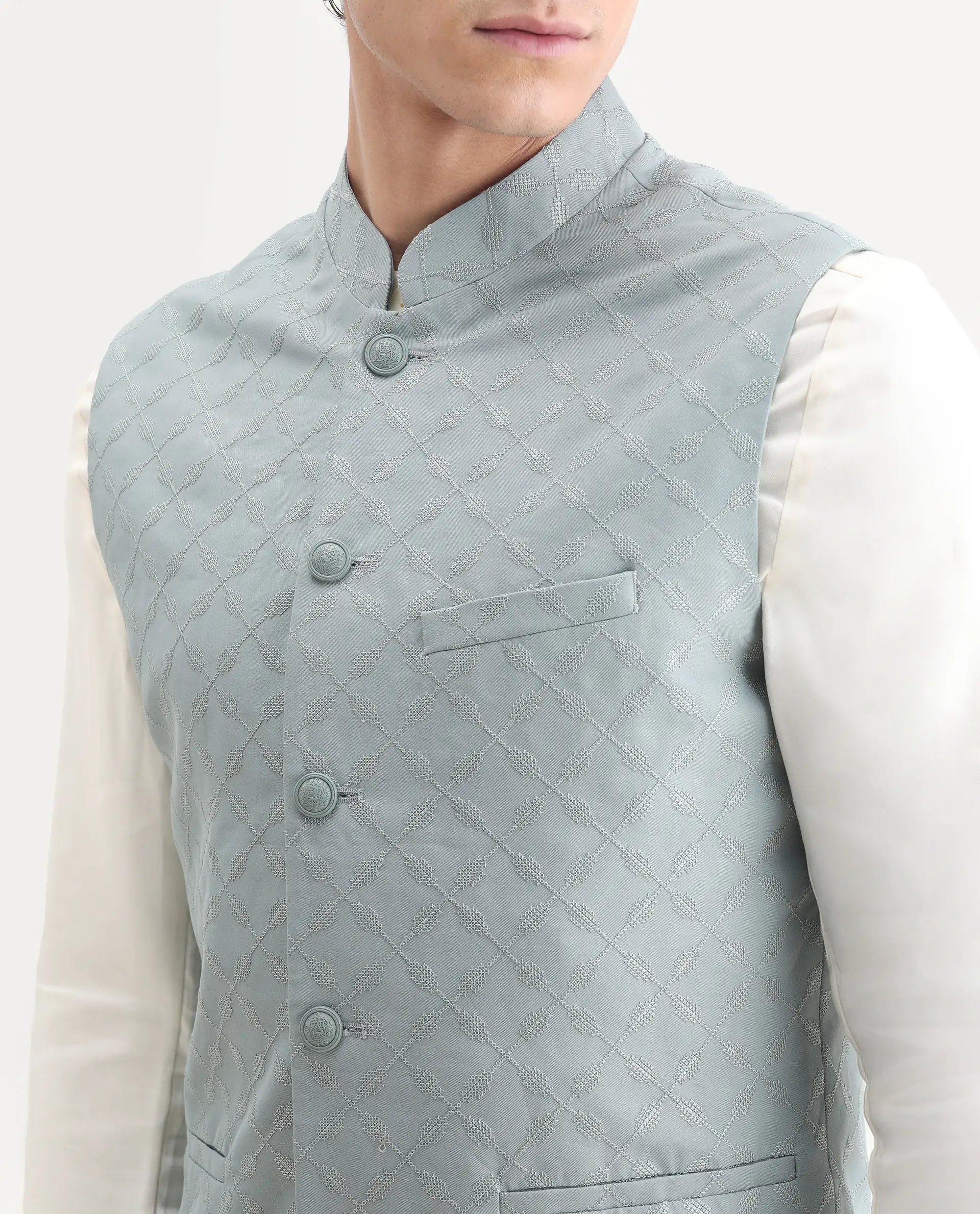 Rare Rabbit Men's Medo B1 Dusky Green Viscose Embroidered Regular Fit Sleeveless Mandarin Collar Bandhgala