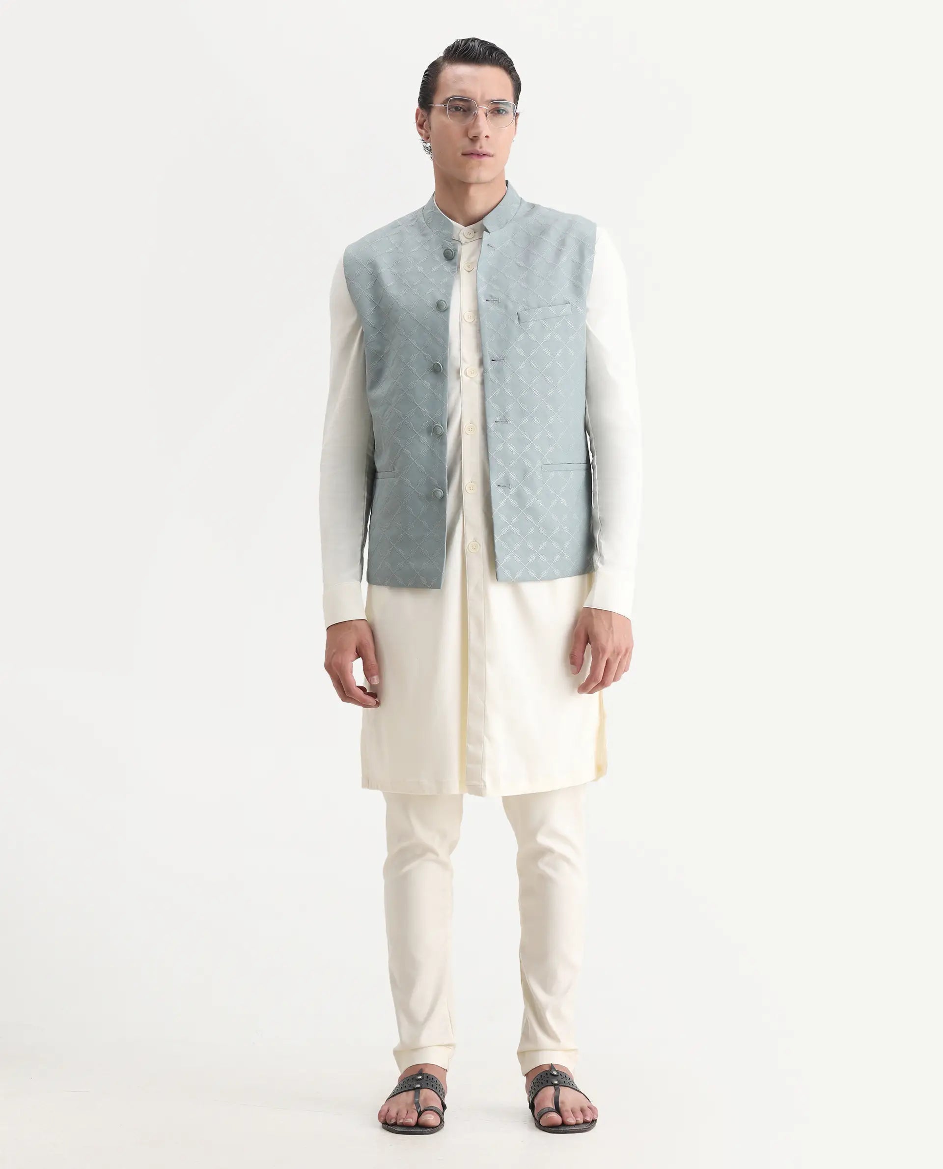 Rare Rabbit Men's Medo B1 Dusky Green Viscose Embroidered Regular Fit Sleeveless Mandarin Collar Bandhgala