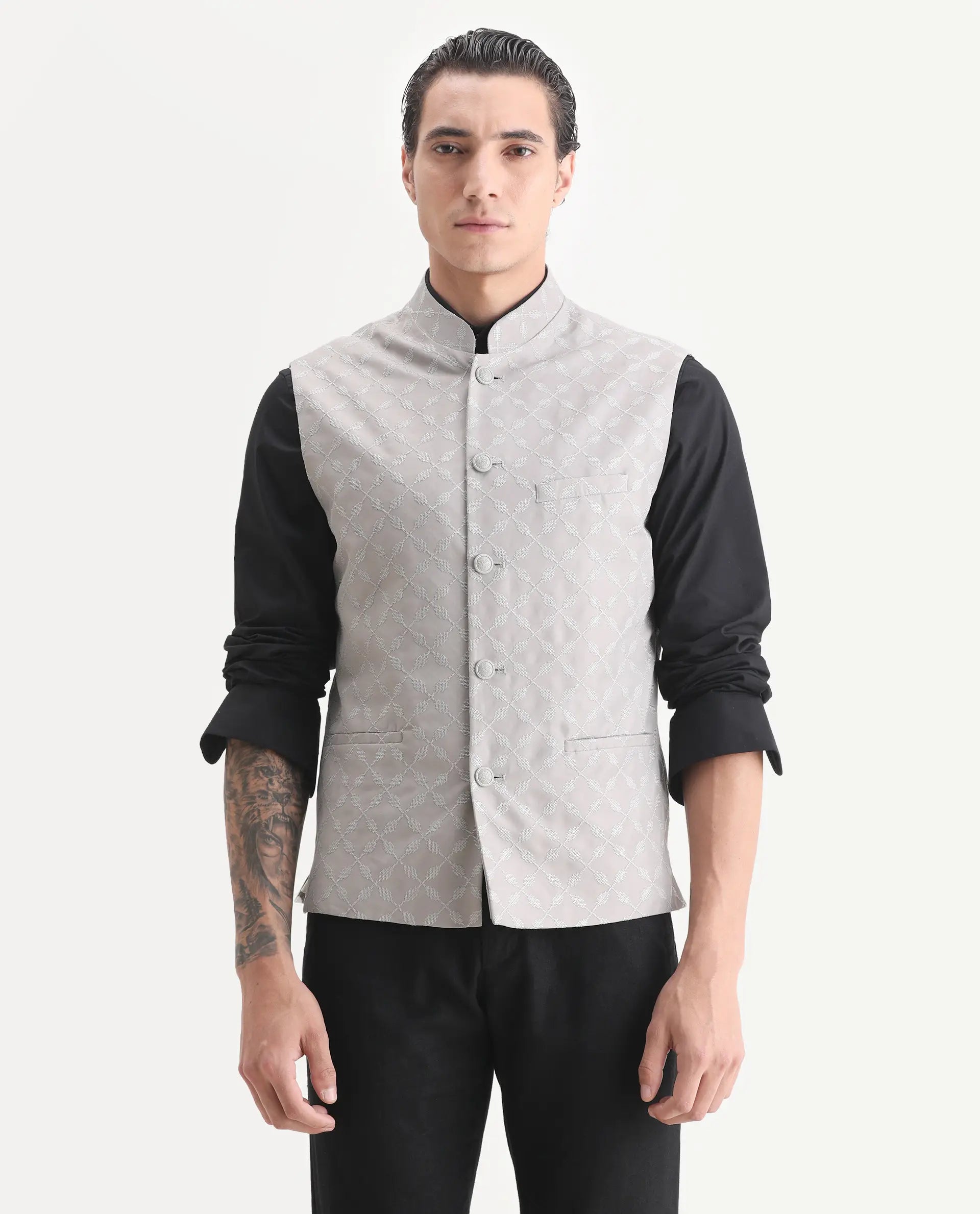 Rare Rabbit Men's Medo-B1 Grey Viscose Embroidered Regular Fit Sleeveless Mandarin Collar Bandhgala