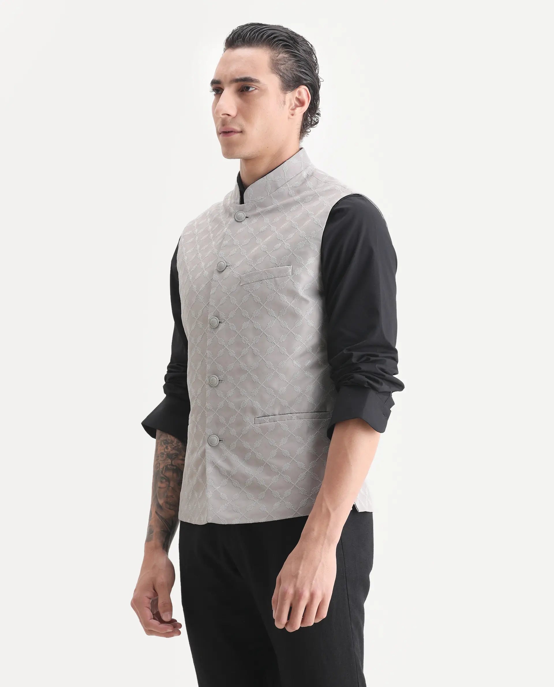 Rare Rabbit Men's Medo-B1 Grey Viscose Embroidered Regular Fit Sleeveless Mandarin Collar Bandhgala